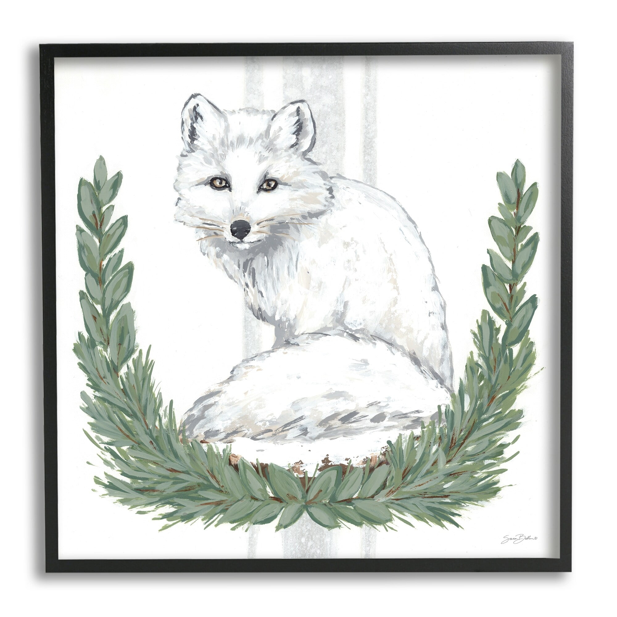 Stupell Industries White Arctic Fox Stripes Botanical Laurel Border Graphic Art Black Framed Art Print Wall Art, Design by Sara Baker