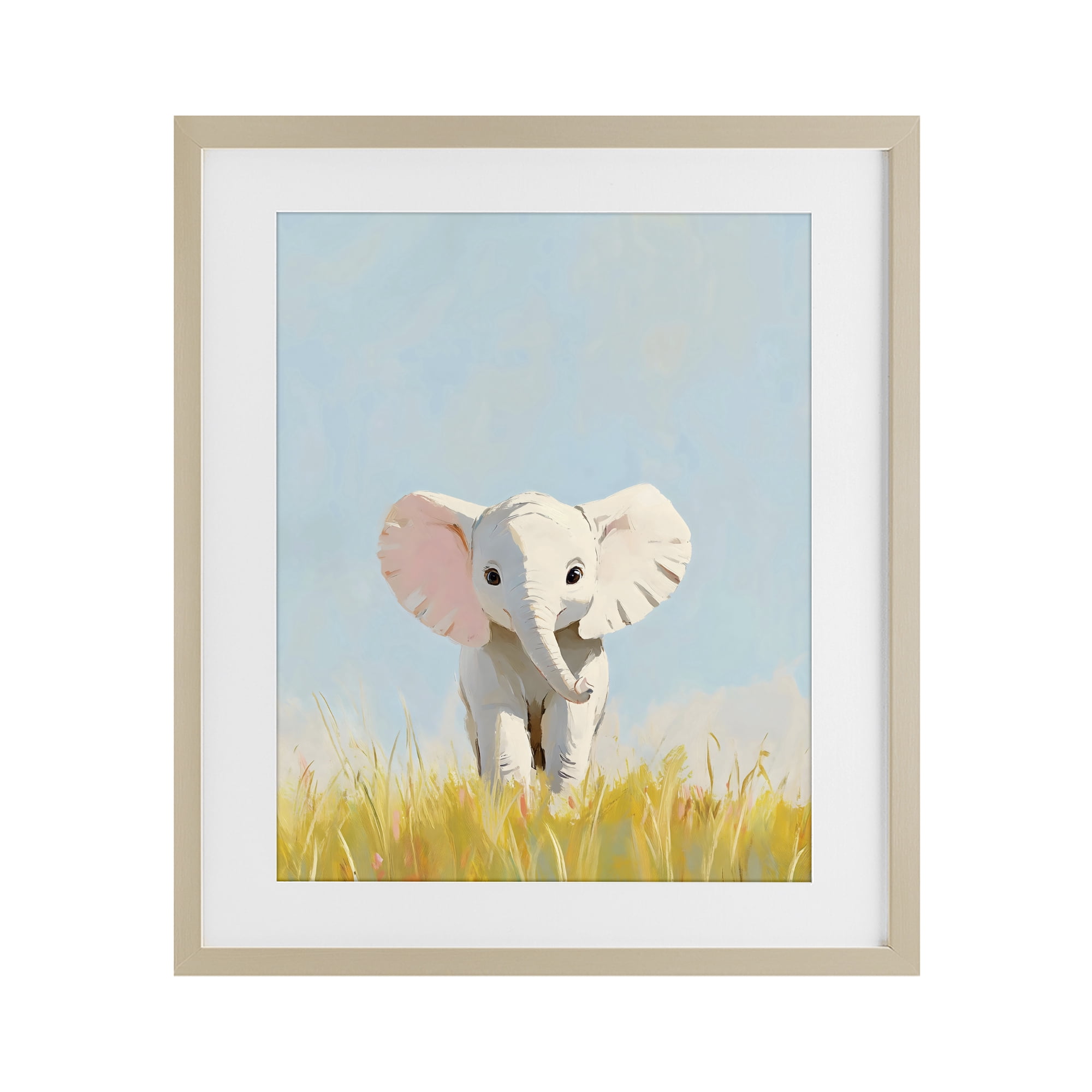 Stupell Industries White Baby Elephant in Grass Birch Framed Print Under Glass, design by The Prints Vibe