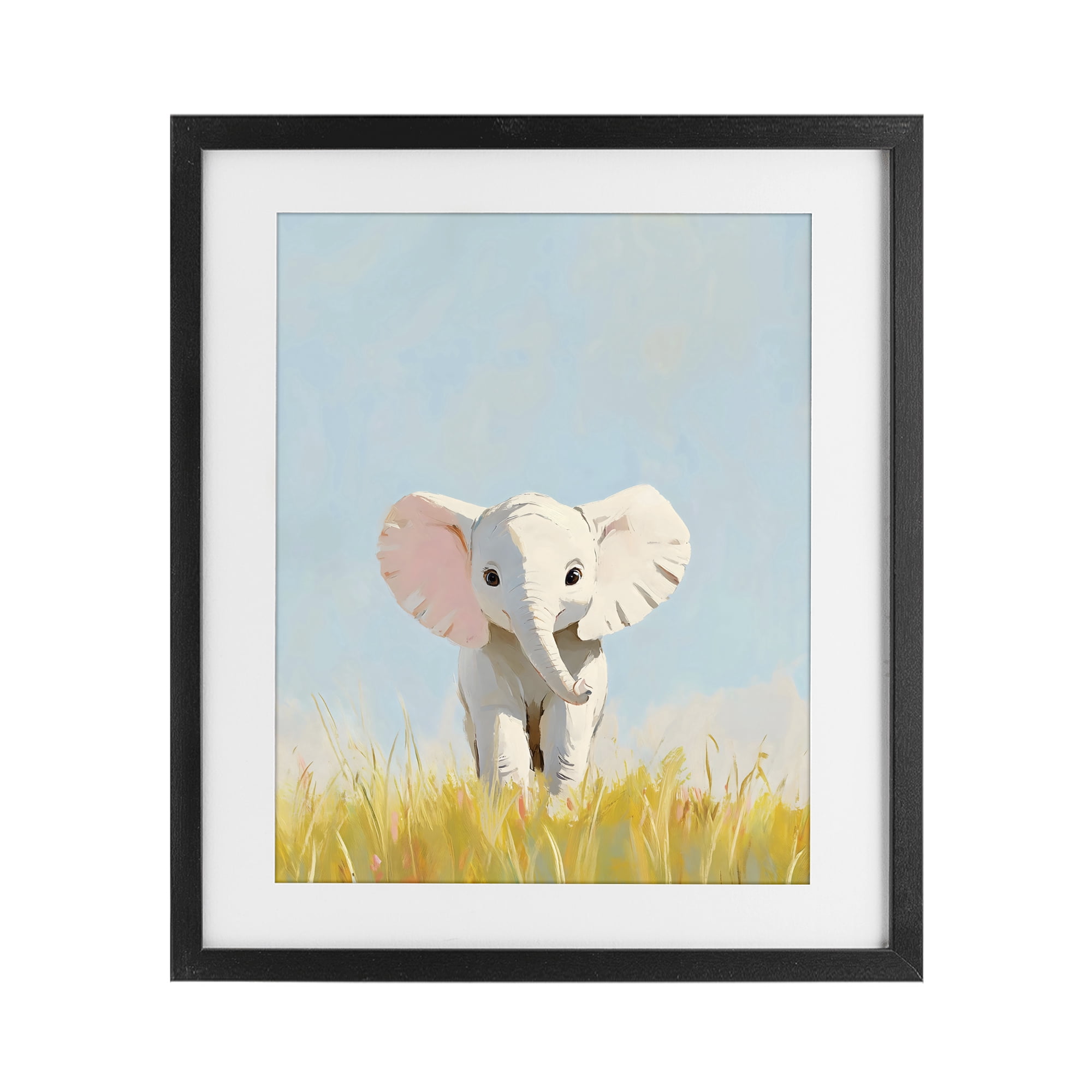 Stupell Industries White Baby Elephant in Grass Black Framed Print Under Glass, design by The Prints Vibe