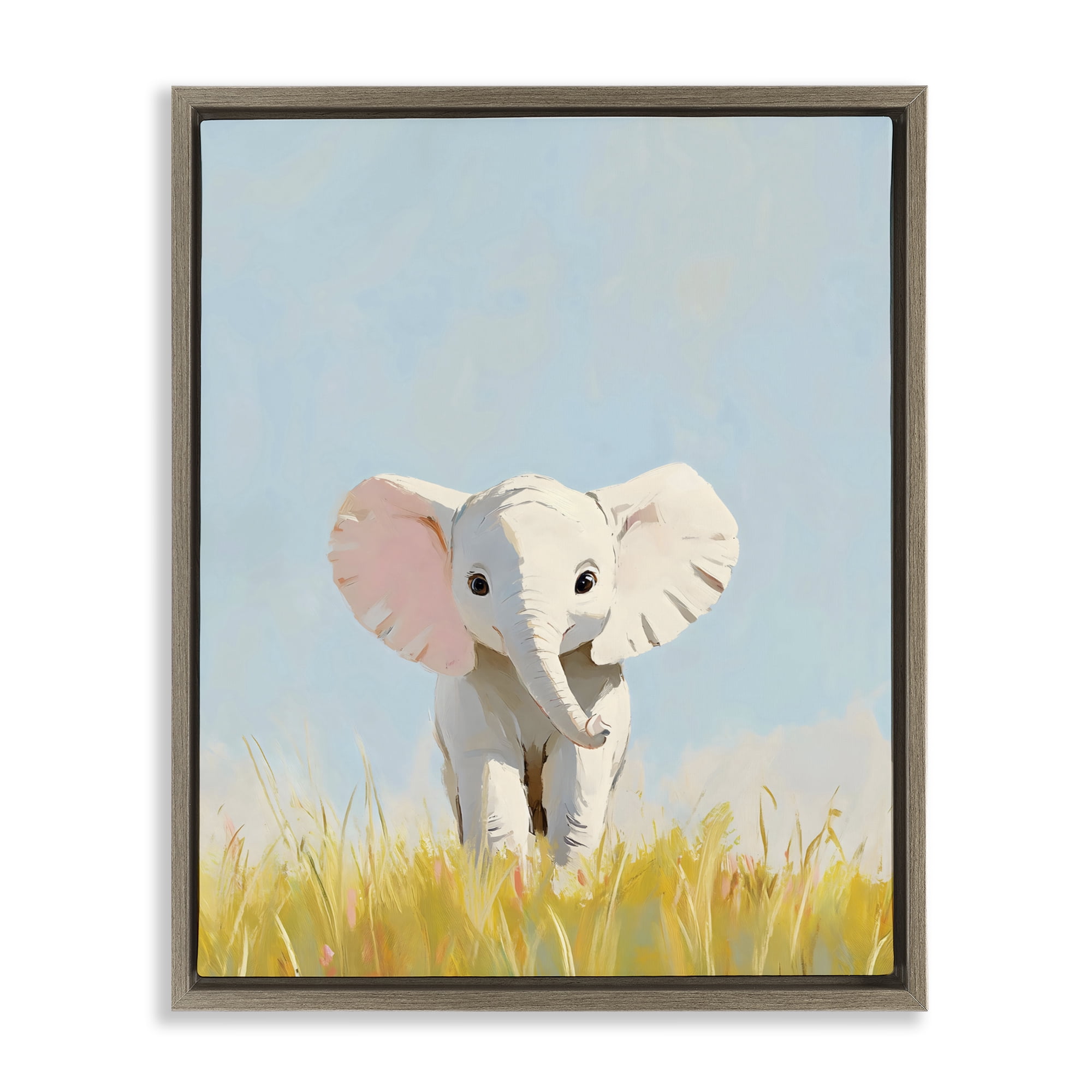 Stupell Industries White Baby Elephant in Grass Brown Framed Floater Canvas Wall Art, design by The Prints Vibe
