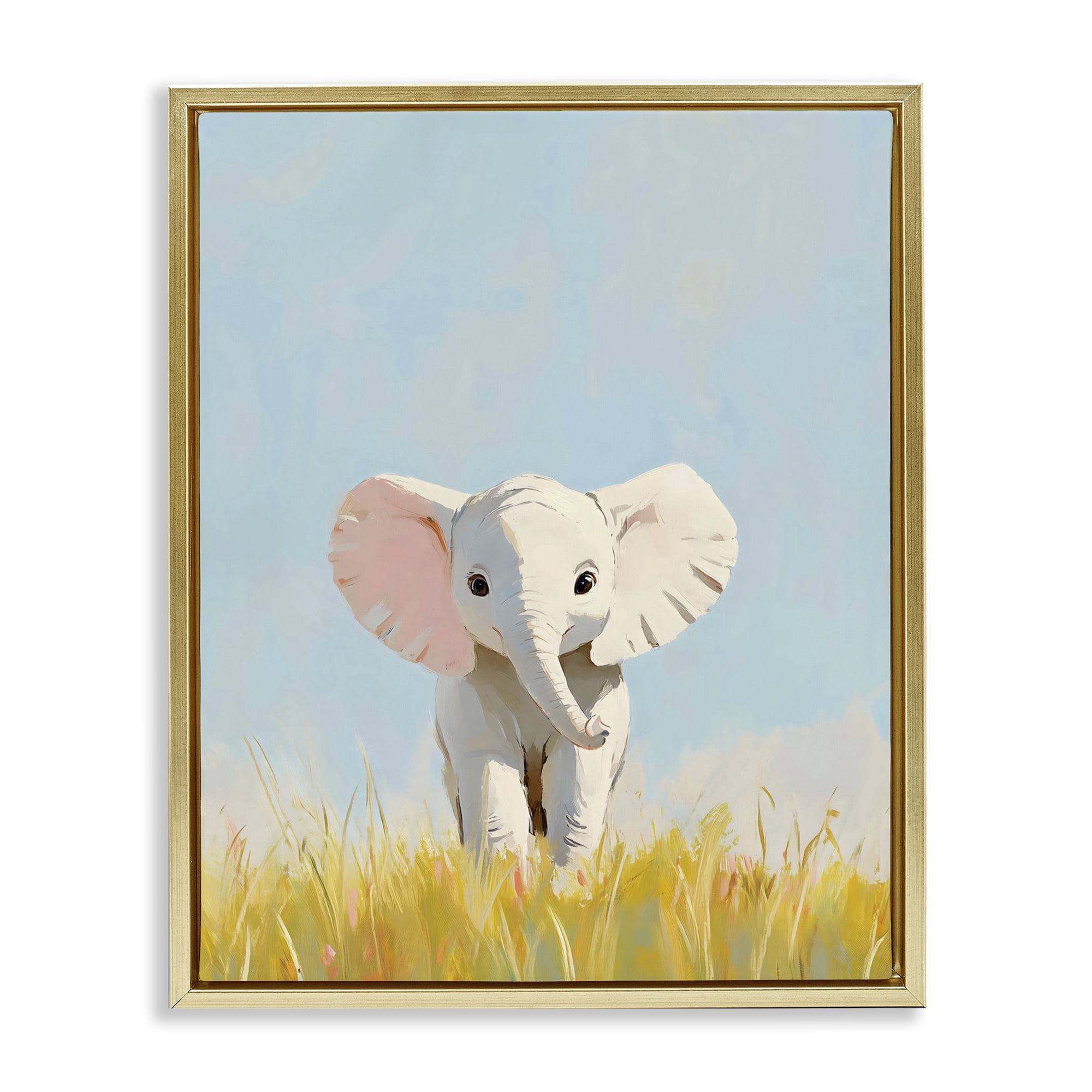 Stupell Industries White Baby Elephant in Grass Gold Framed Floater Canvas Wall Art, design by The Prints Vibe