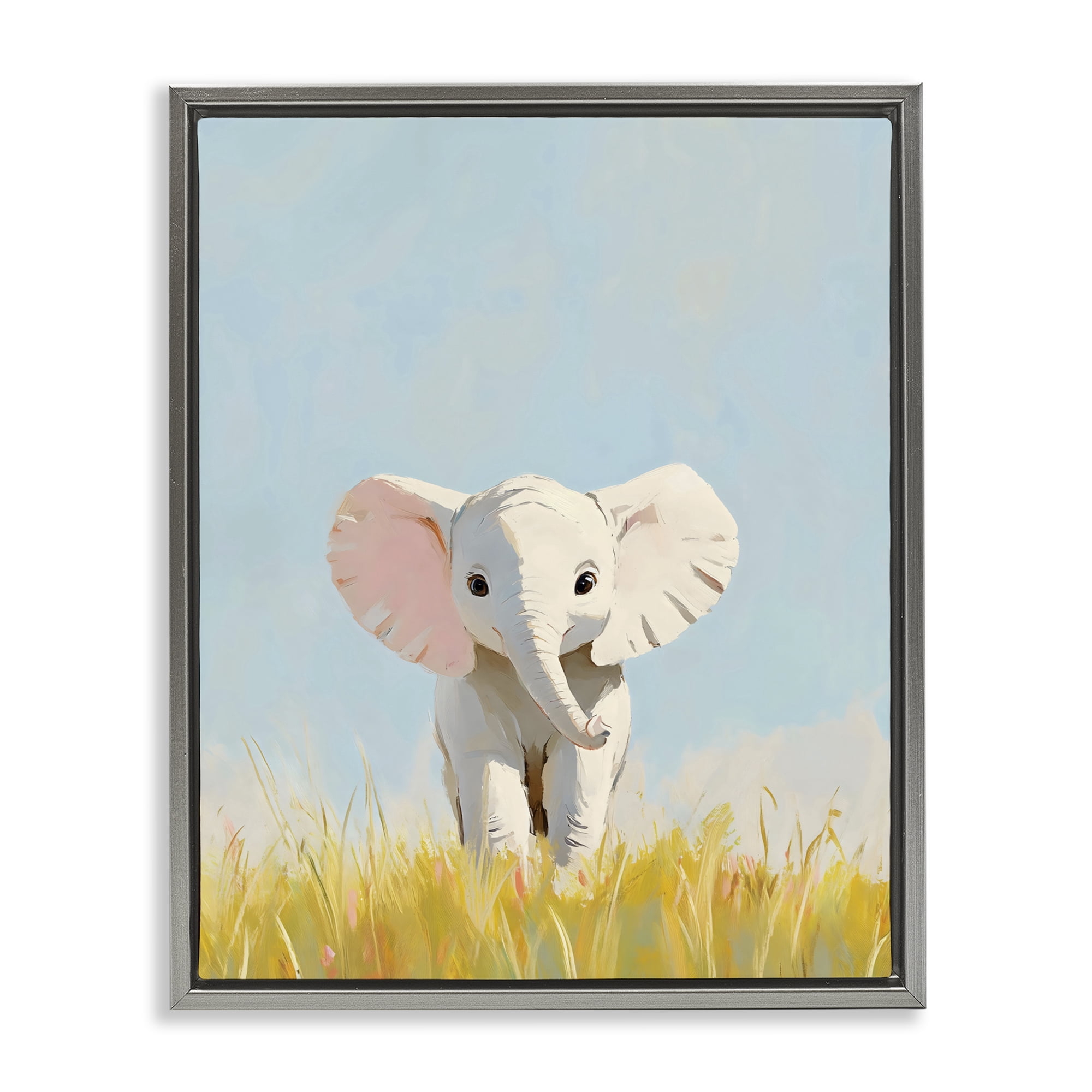 Stupell Industries White Baby Elephant in Grass Gray Framed Floater Canvas Wall Art, design by The Prints Vibe