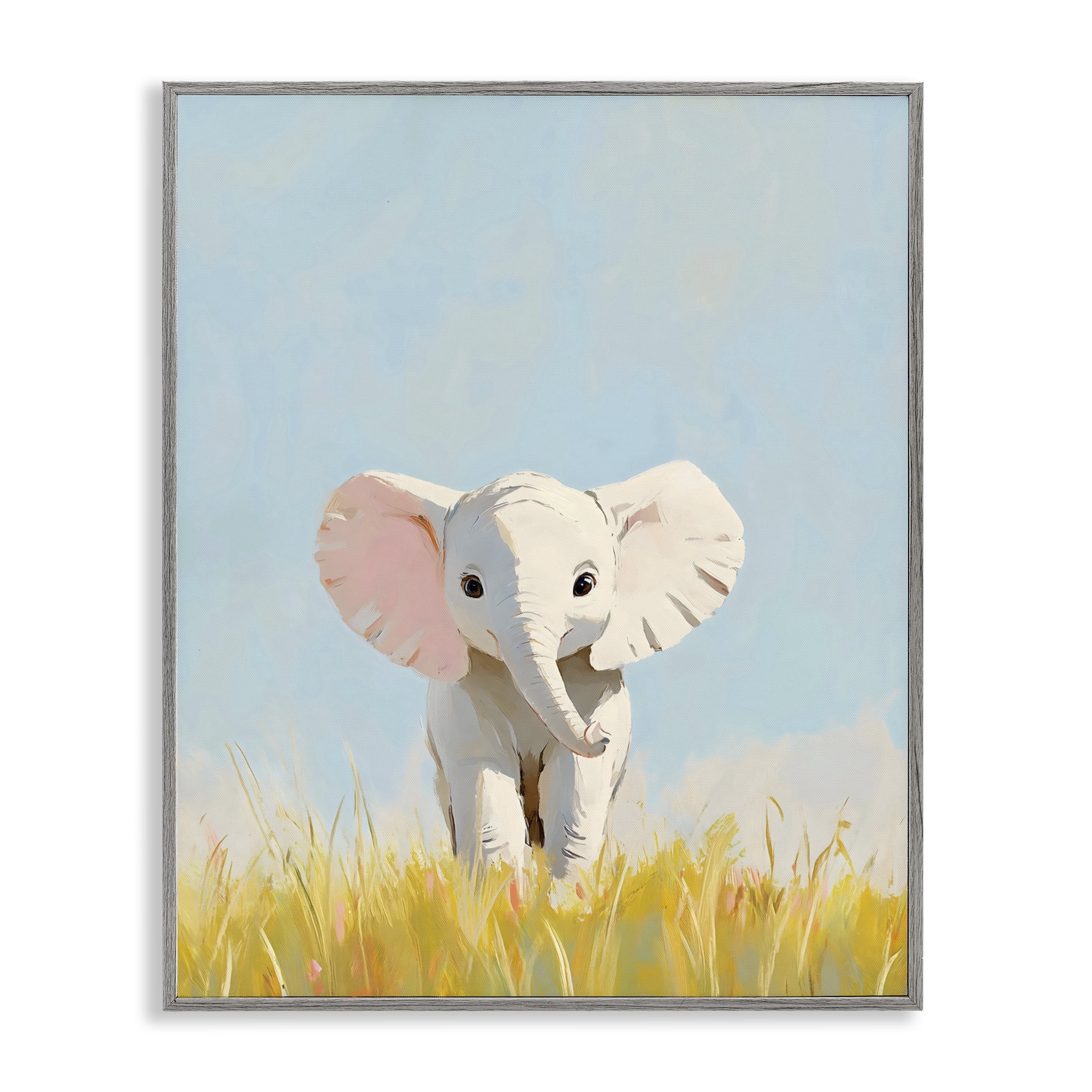 Stupell Industries White Baby Elephant in Grass Gray Framed Giclee Art, design by The Prints Vibe