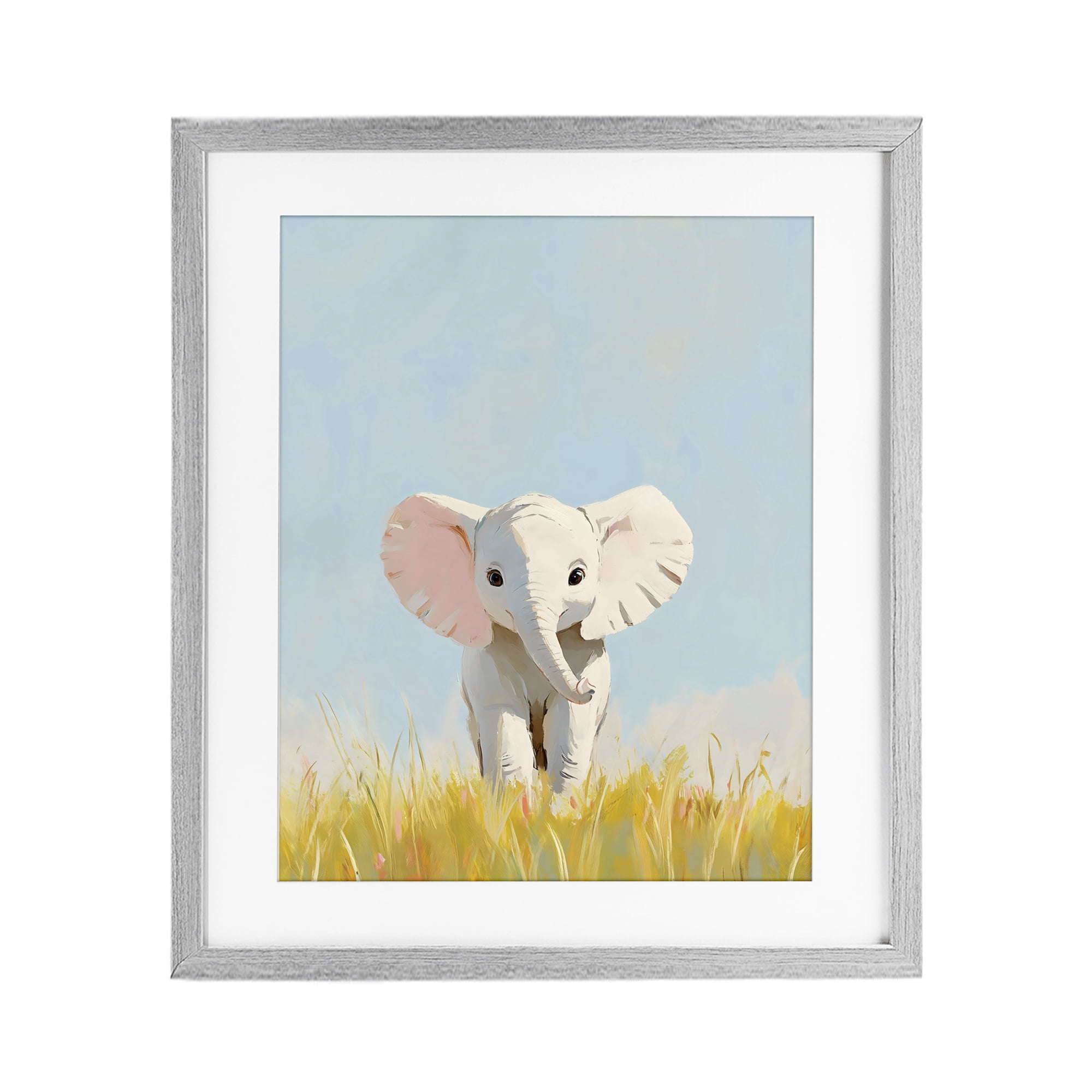 Stupell Industries White Baby Elephant in Grass Gray Framed Print Under Glass, design by The Prints Vibe