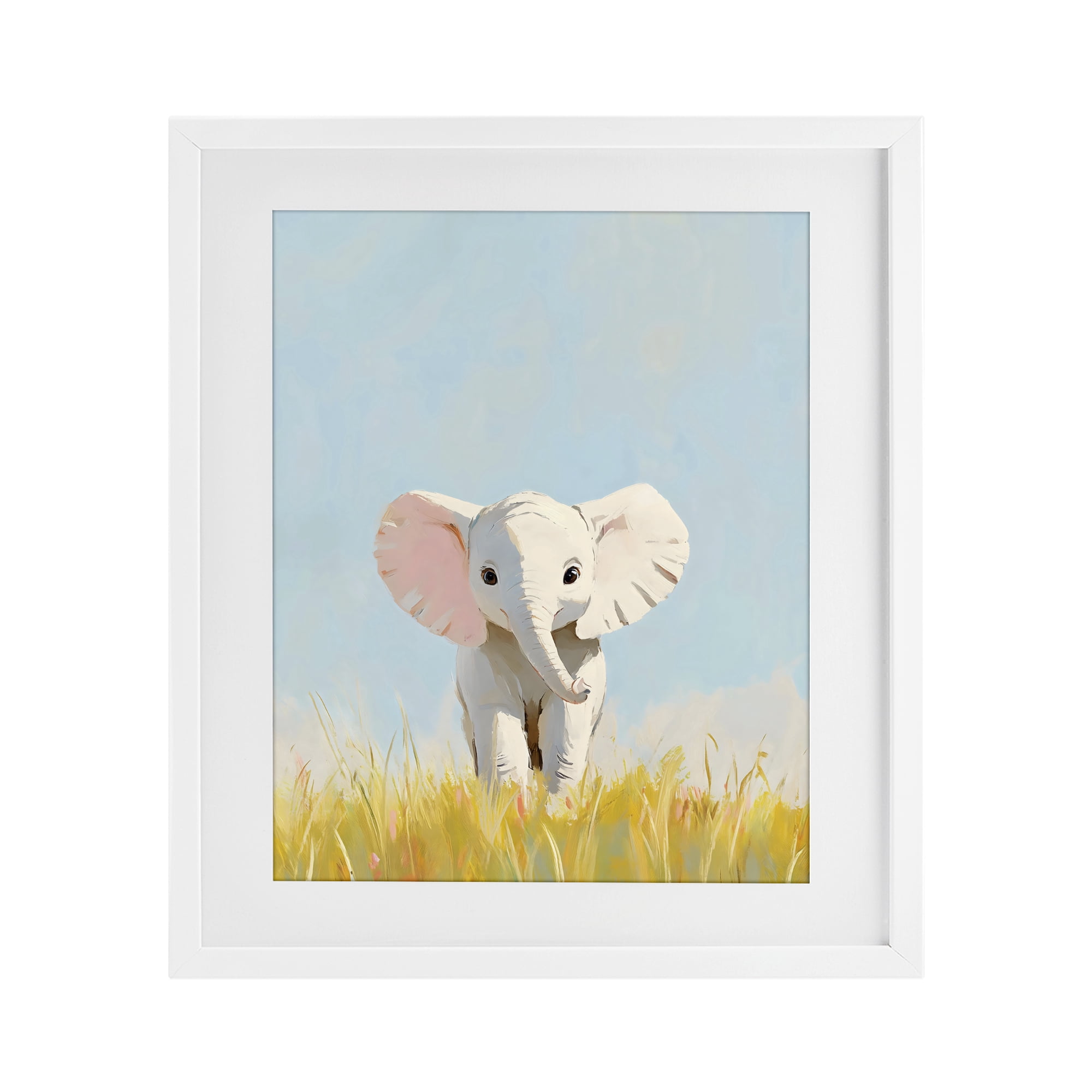 Stupell Industries White Baby Elephant in Grass White Framed Print Under Glass, design by The Prints Vibe