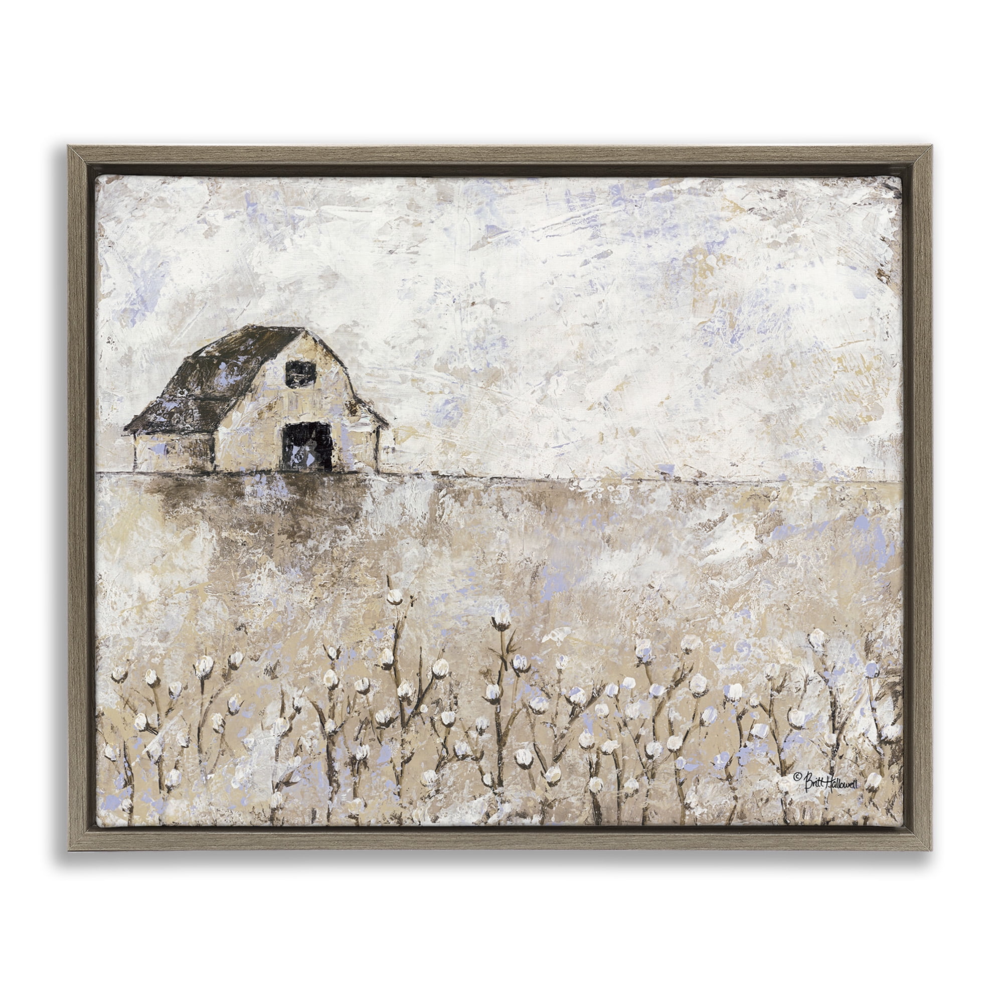 Stupell Industries White Barn Distressed Landscape Botanical & Floral Painting Brown Floater Framed Canvas Art Print Wall Art, 31 x 25