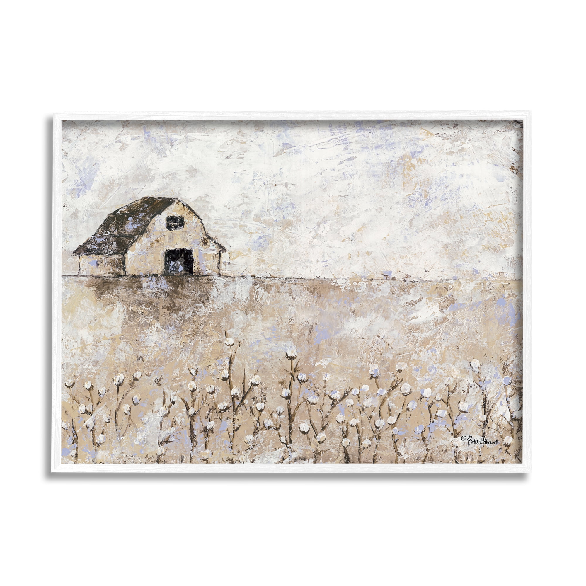 White Barn Distressed Landscape Canvas Print with Cotton Field Florals, 18 x 22