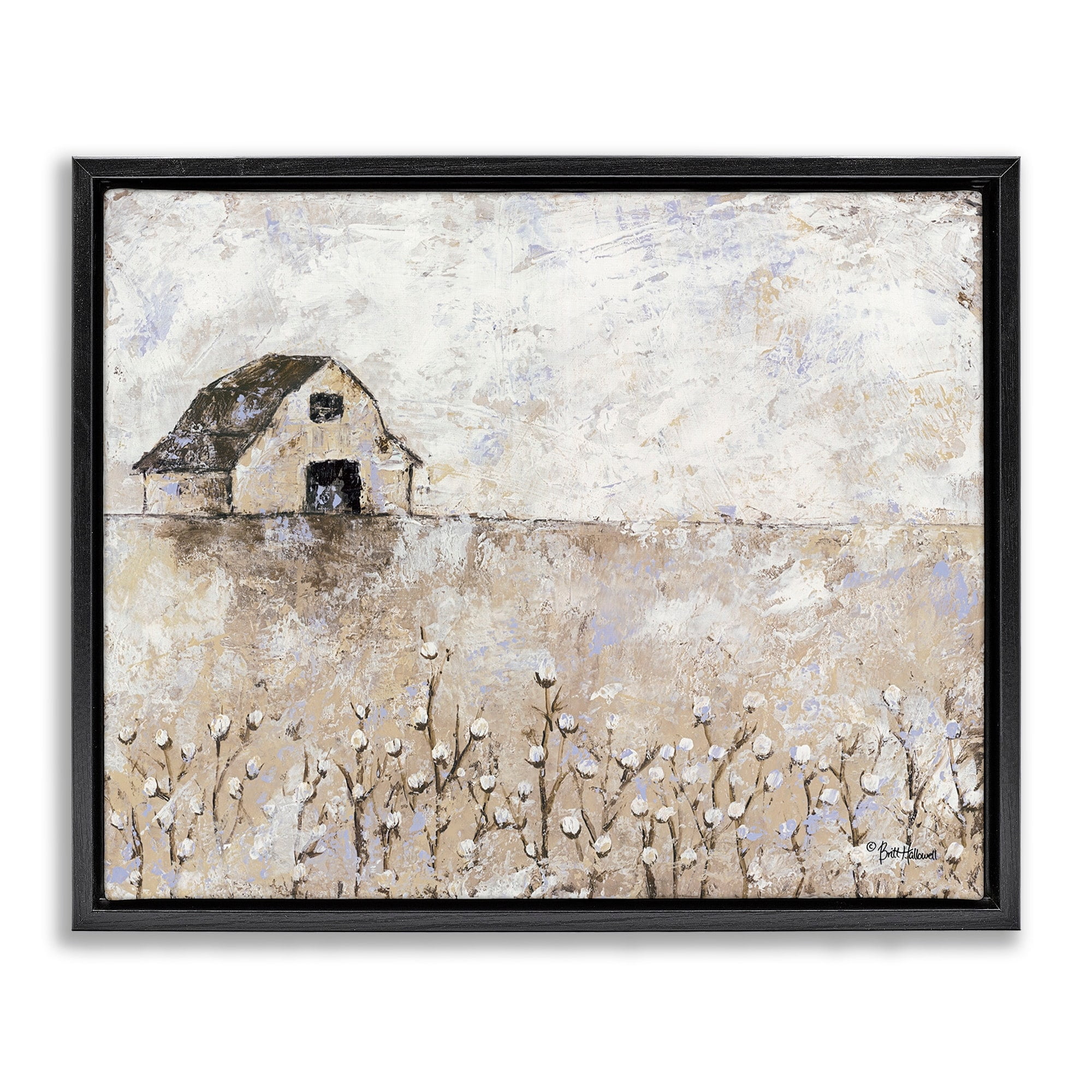Stupell Industries White Barn Distressed Landscape Cotton Field Florals Jet Black Framed Floating Canvas Wall Art, 24x30, by Britt Hallowell