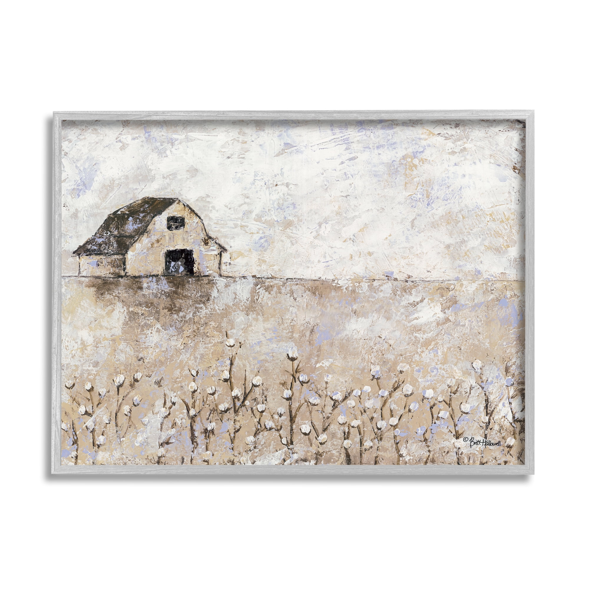 Stupell Industries White Barn Distressed Landscape Cotton Field Florals Traditional Painting Gray Framed Art Print Wall Art, 24 x 30, Design by Britt Hallowell