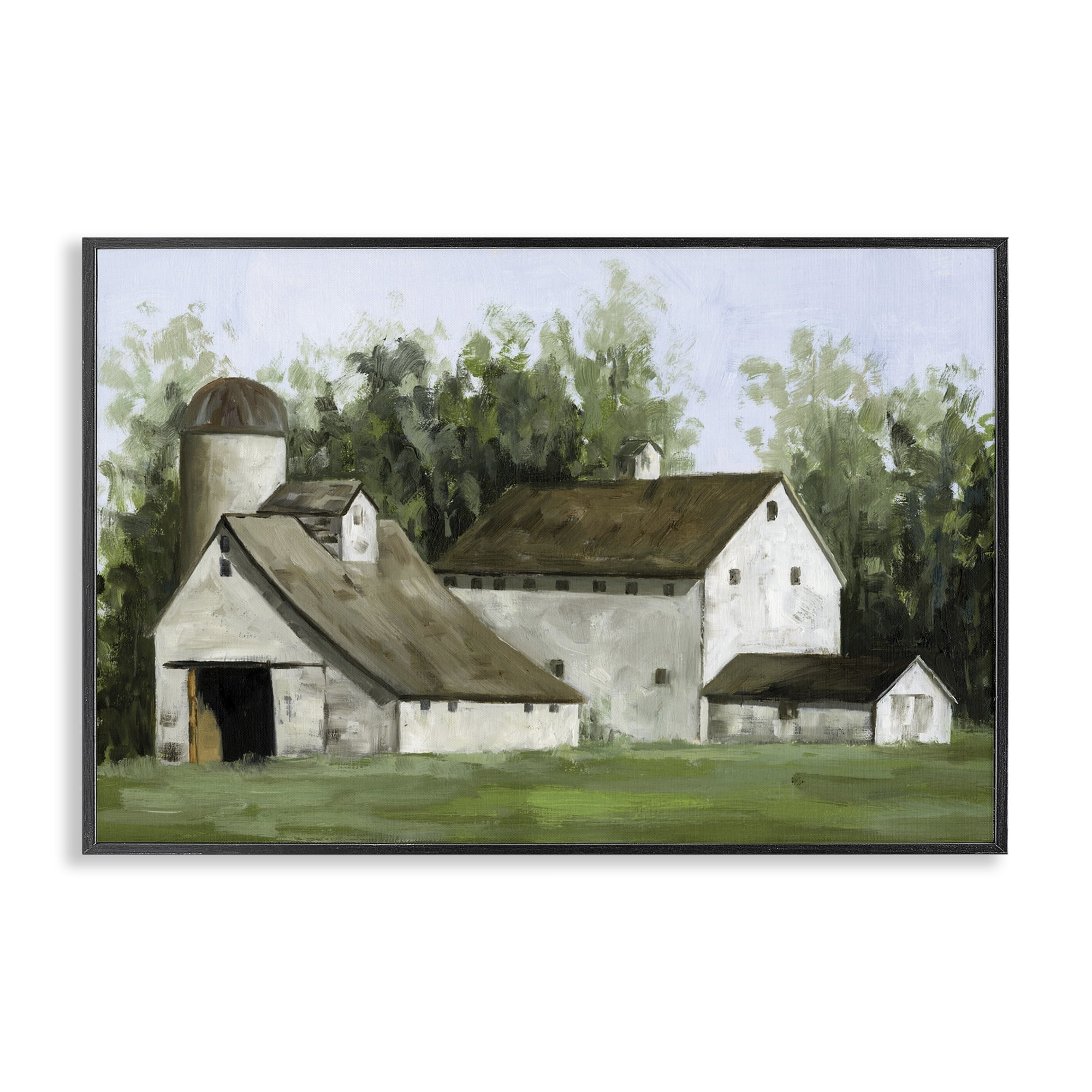 White Barn Farmhouse Landscape Painting with Black Frame, 18 x 12