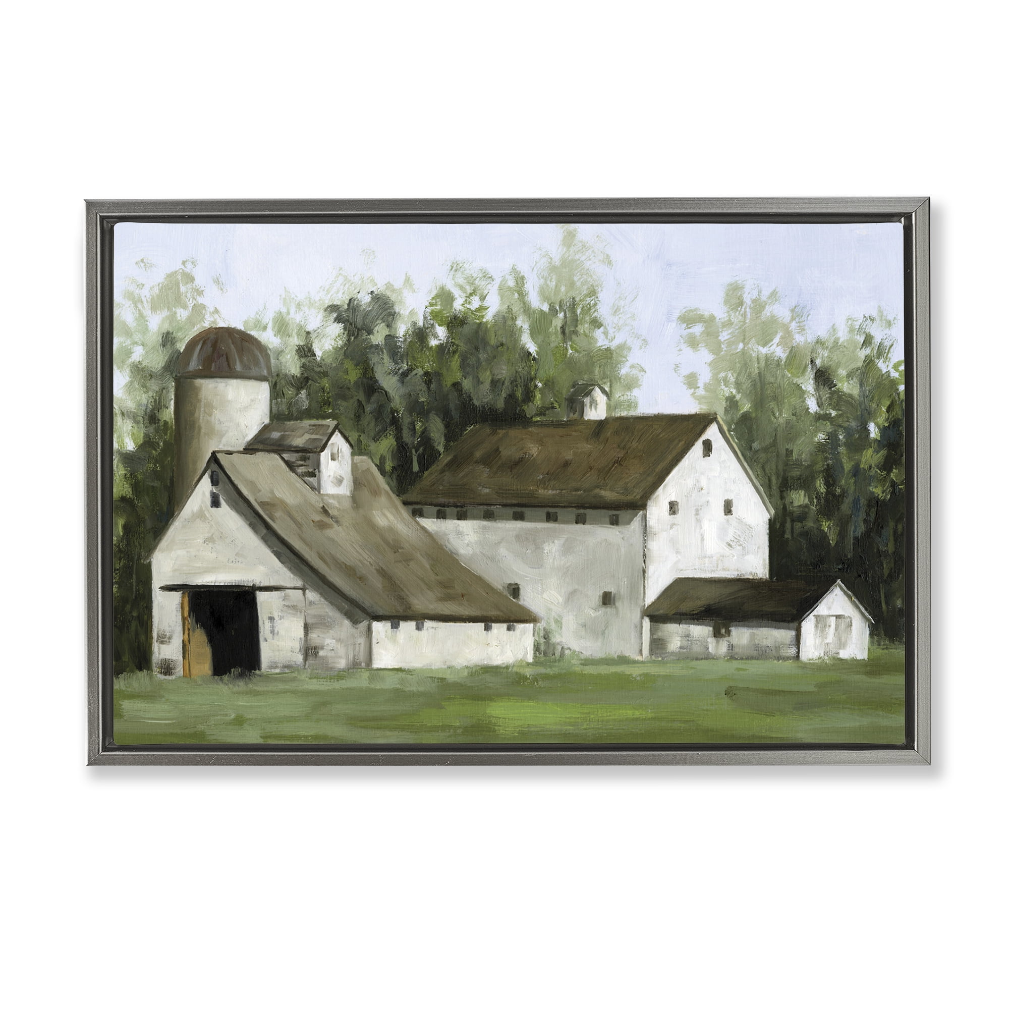 Stupell Industries White Barn Farmhouse Landscape Painting Gray Floater Framed Canvas Art Print Wall Art, 25 x 17
