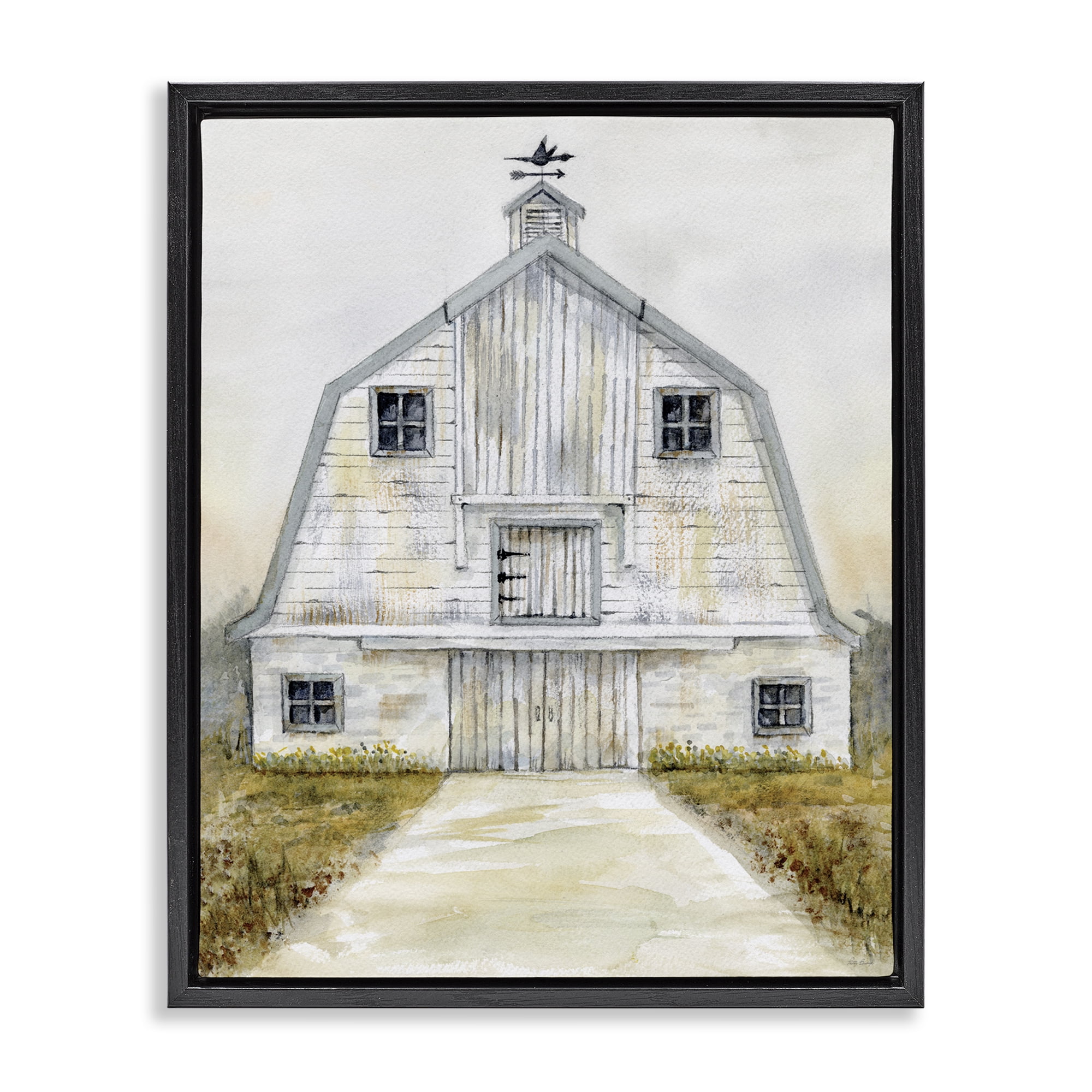Stupell Industries White Barn Grey Trim Landscape Painting Black Floater Framed Canvas Art Print Wall Art, 25 x 31