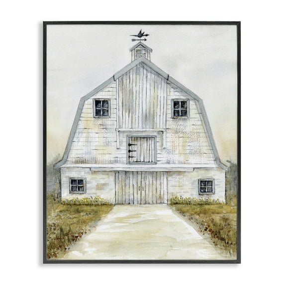Stupell Industries White Barn Grey Trim Landscape Painting Black Framed Art Print Wall Art, 24 x 30