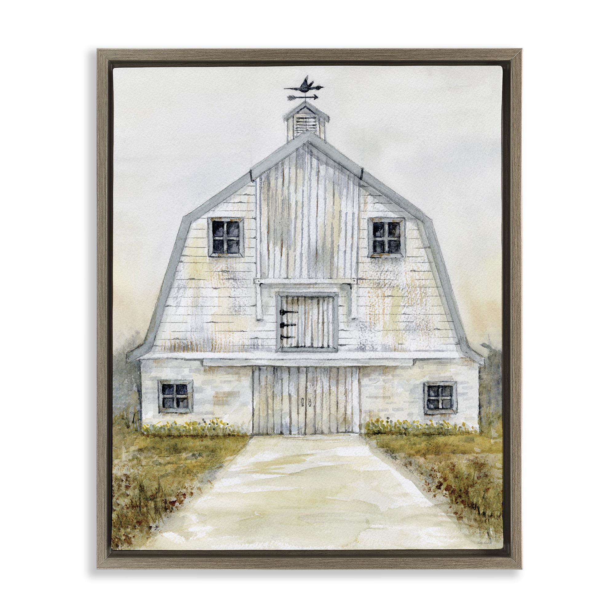 Stupell Industries White Barn Grey Trim Landscape Painting Brown Floater Framed Canvas Art Print Wall Art, 25 x 31