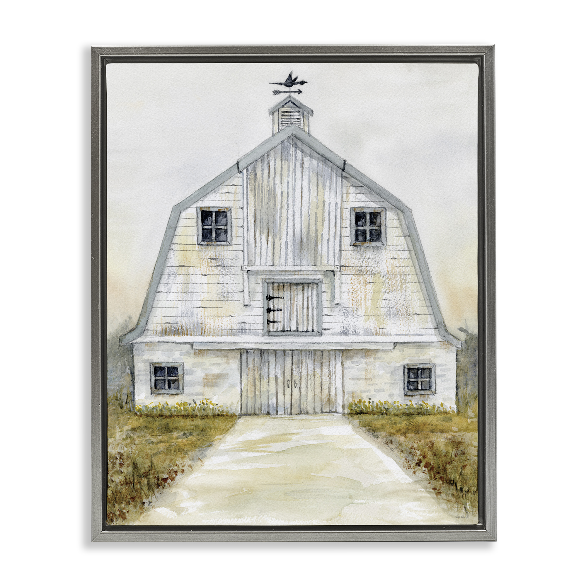 Stupell Industries White Barn Grey Trim Landscape Painting Gray Floater Framed Canvas Art Print Wall Art, 25 x 31
