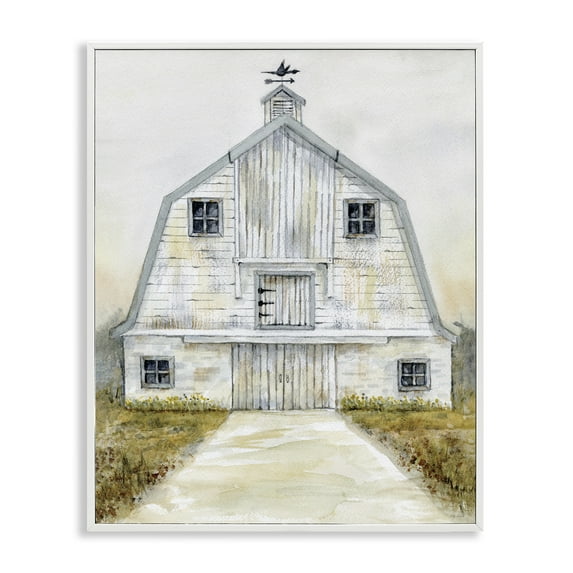 Stupell Industries White Barn Grey Trim Landscape Painting White Framed Art Print Wall Art, 16 x 20