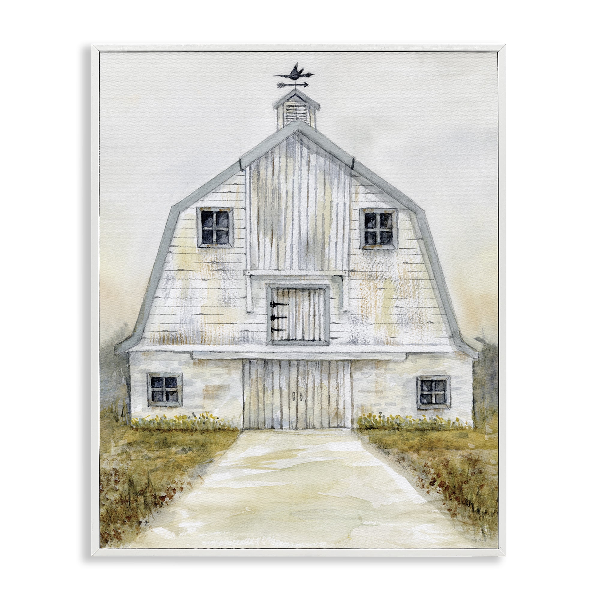 Stupell Industries White Barn Grey Trim Landscape Painting White Framed Art Print Wall Art, 24 x 30