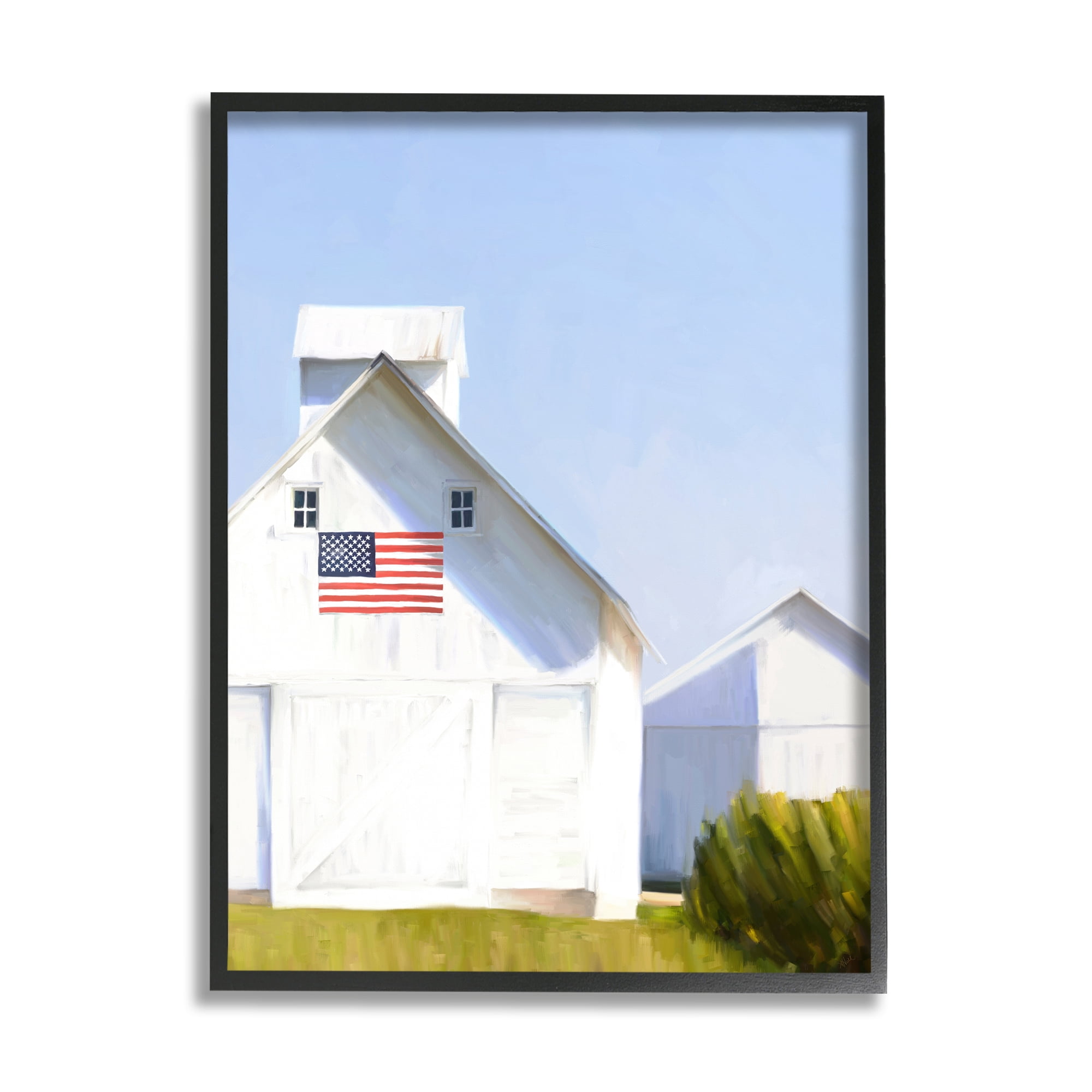 Stupell Industries White Barn Rural Country Field American Flag Painting Black Framed Art Print Wall Art, Design by Amy Hall