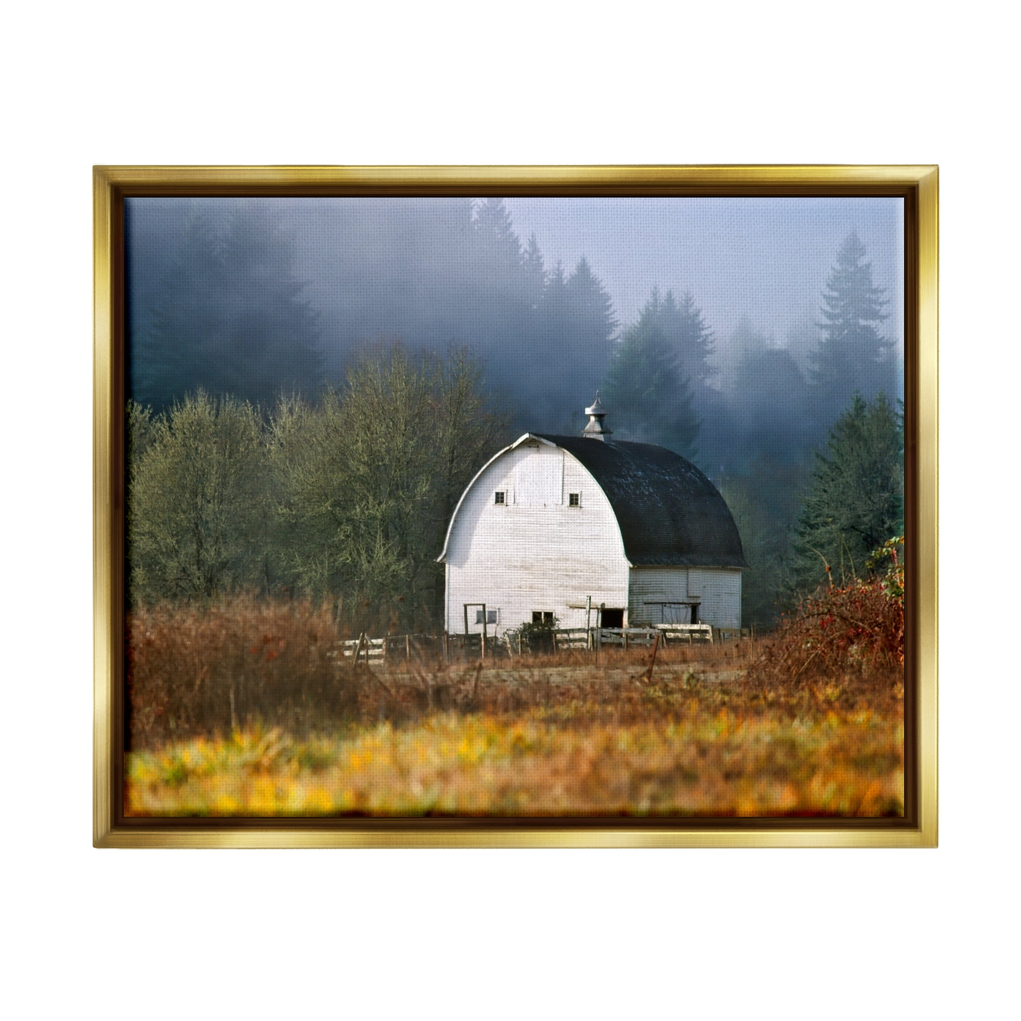 Stupell Industries White Barn Woodland Clearing Landscape Photography Gold Floater Framed Art Print Wall Art