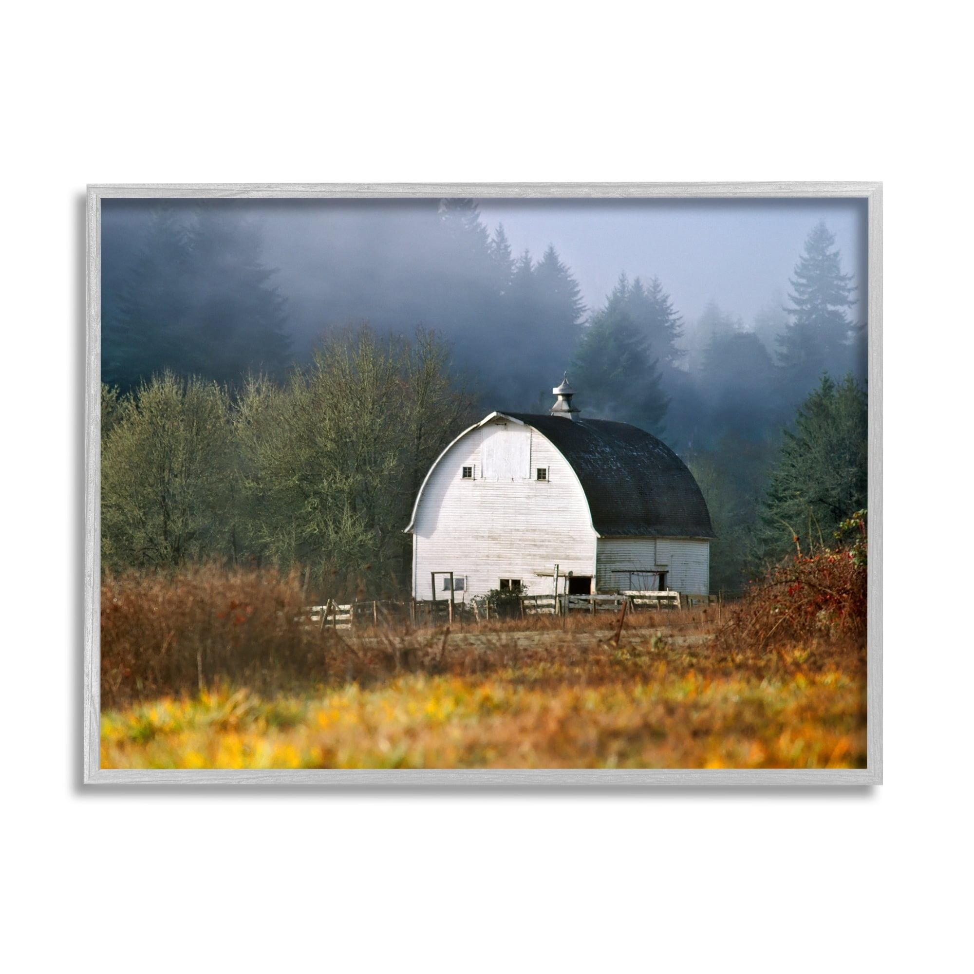 Stupell Industries White Barn Woodland Clearing Landscape Photography Gray Framed Art Print Wall Art