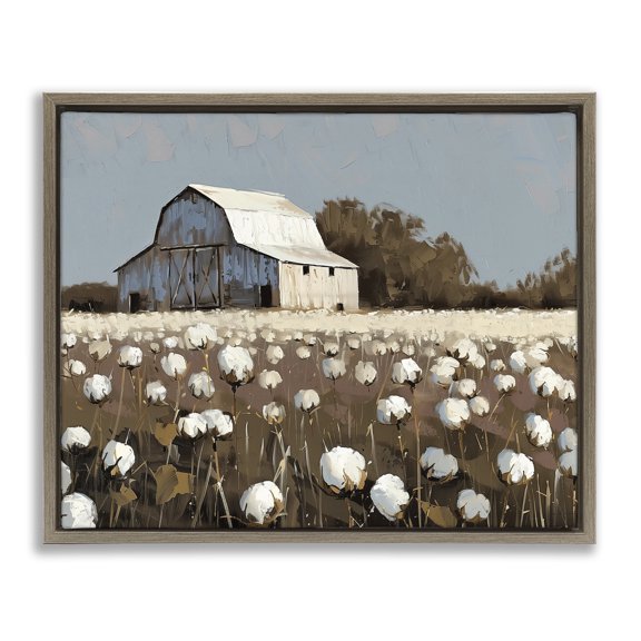 Stupell Industries White Barn in Cotton Field Landscape & Nature Painting Brown Floater Framed Canvas Art Print Wall Art, 21 x 17