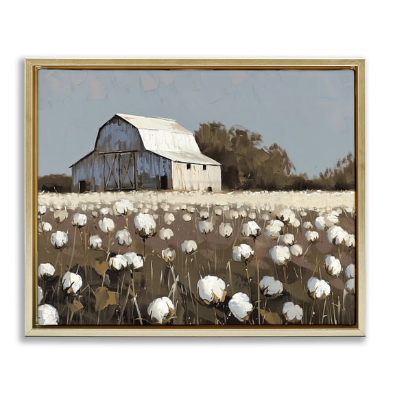 Stupell Industries White Barn in Cotton Field Landscape & Nature Painting Gold Floater Framed Canvas Art Print Wall Art, 21 x 17