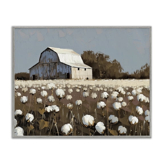 Stupell Industries White Barn in Cotton Field Landscape & Nature Painting Gray Framed Art Print Wall Art, 14 x 11