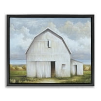 Stupell Industries White Barn with Clouds Landscape Painting Black Floater Framed Canvas Art Print Wall Art, 21 x 17
