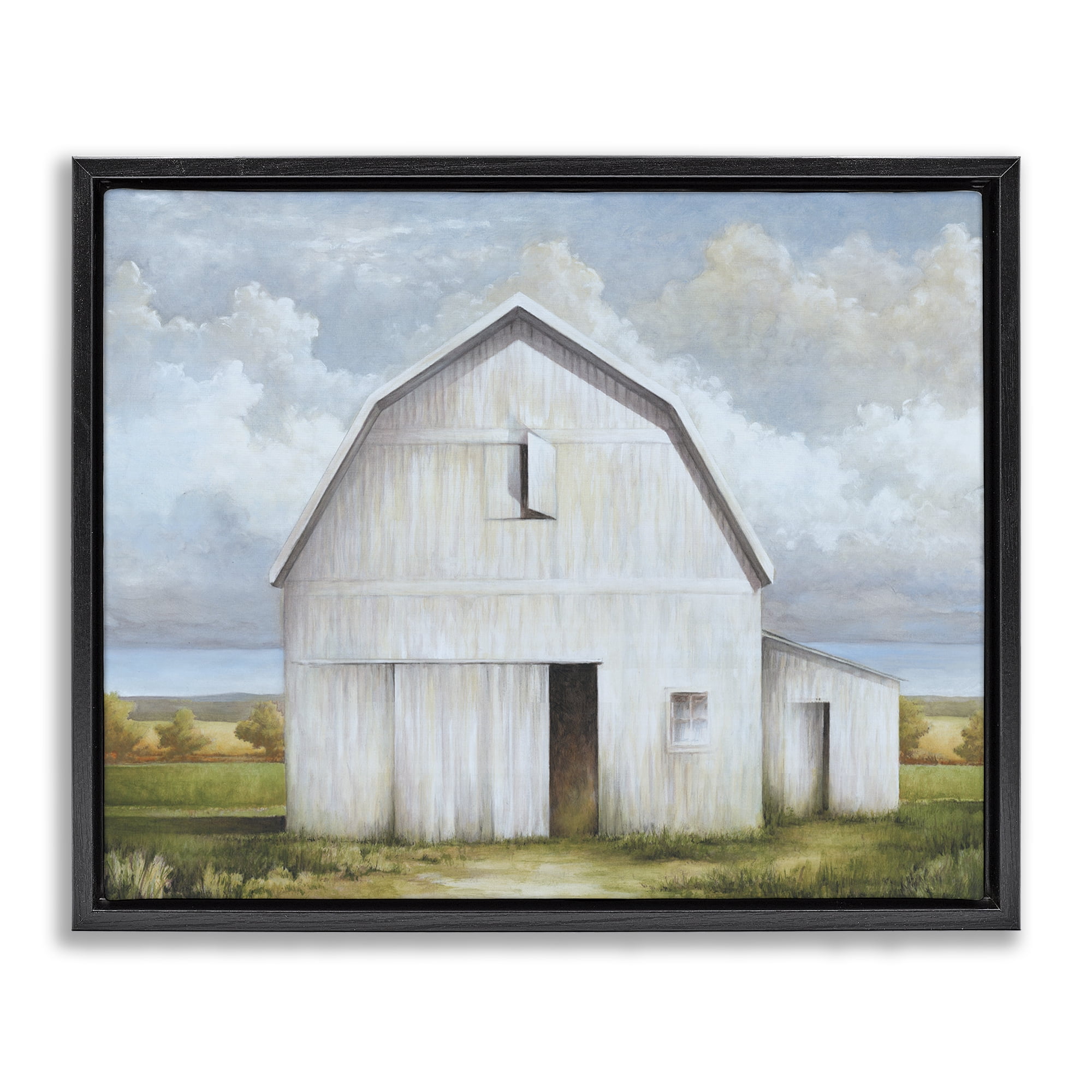 Stupell Industries White Barn with Clouds Landscape Painting Black Floater Framed Canvas Art Print Wall Art, 31 x 25