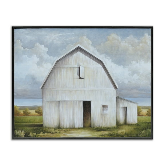 Stupell Industries White Barn with Clouds Landscape Painting Black Framed Art Print Wall Art, 14 x 11
