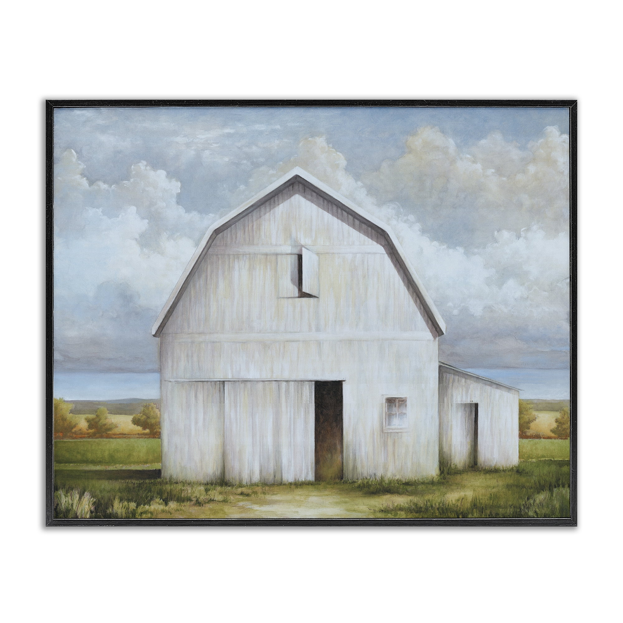 Stupell Industries White Barn with Clouds Landscape Painting Black Framed Art Print Wall Art, 20 x 16
