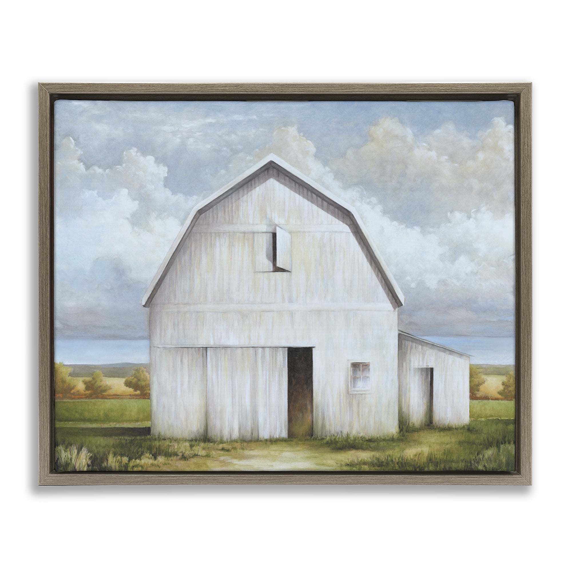 Stupell Industries White Barn with Clouds Landscape Painting Brown Floater Framed Canvas Art Print Wall Art, 21 x 17