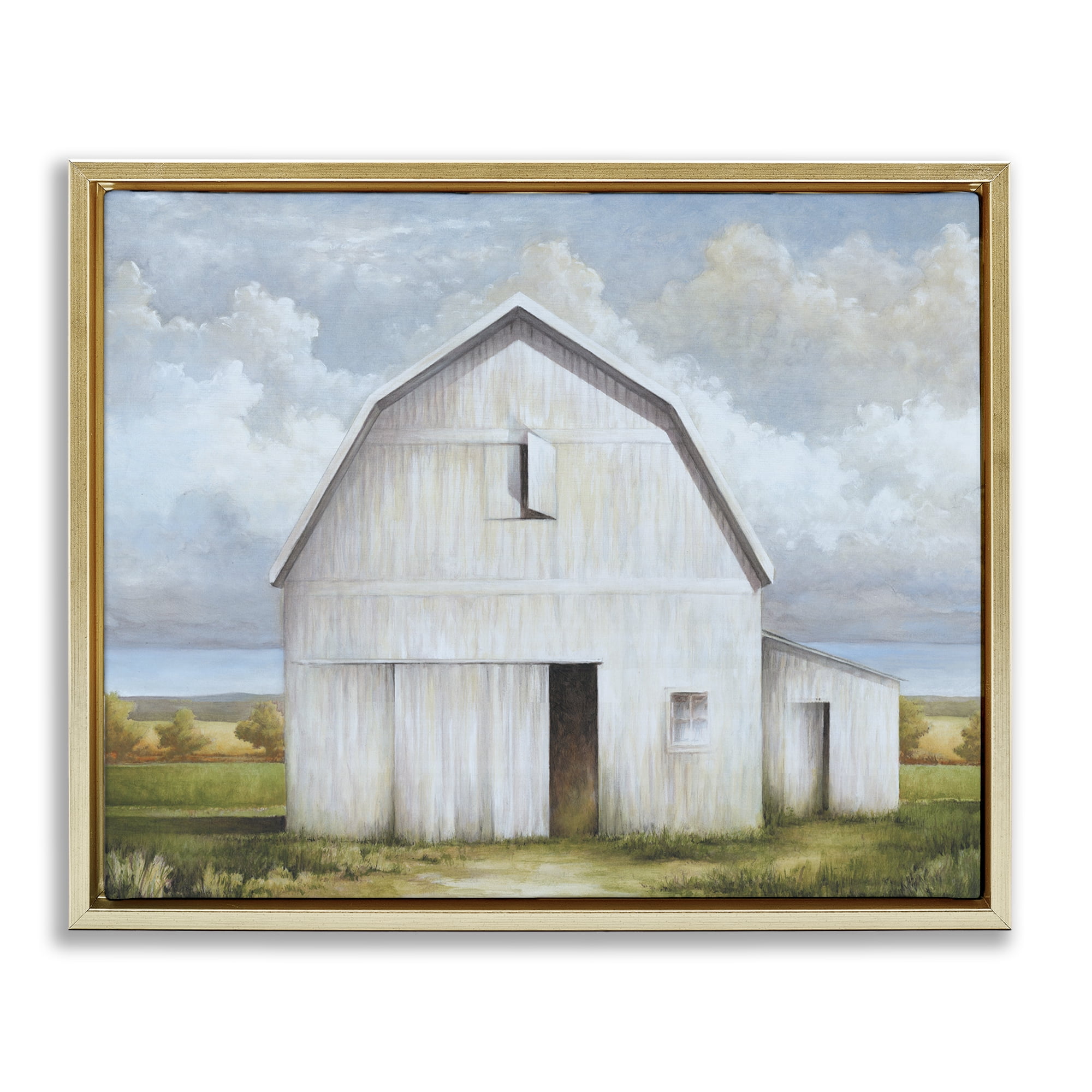 Stupell Industries White Barn with Clouds Landscape Painting Gold Floater Framed Canvas Art Print Wall Art, 21 x 17