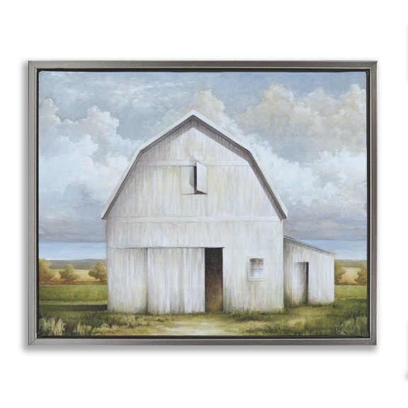 Stupell Industries White Barn with Clouds Landscape Painting Gray Floater Framed Canvas Art Print Wall Art, 21 x 17