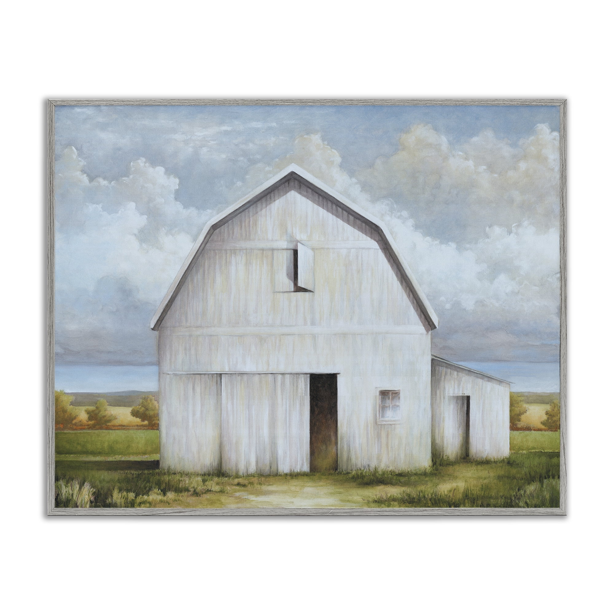 Stupell Industries White Barn with Clouds Landscape Painting Gray Framed Art Print Wall Art, 14 x 11