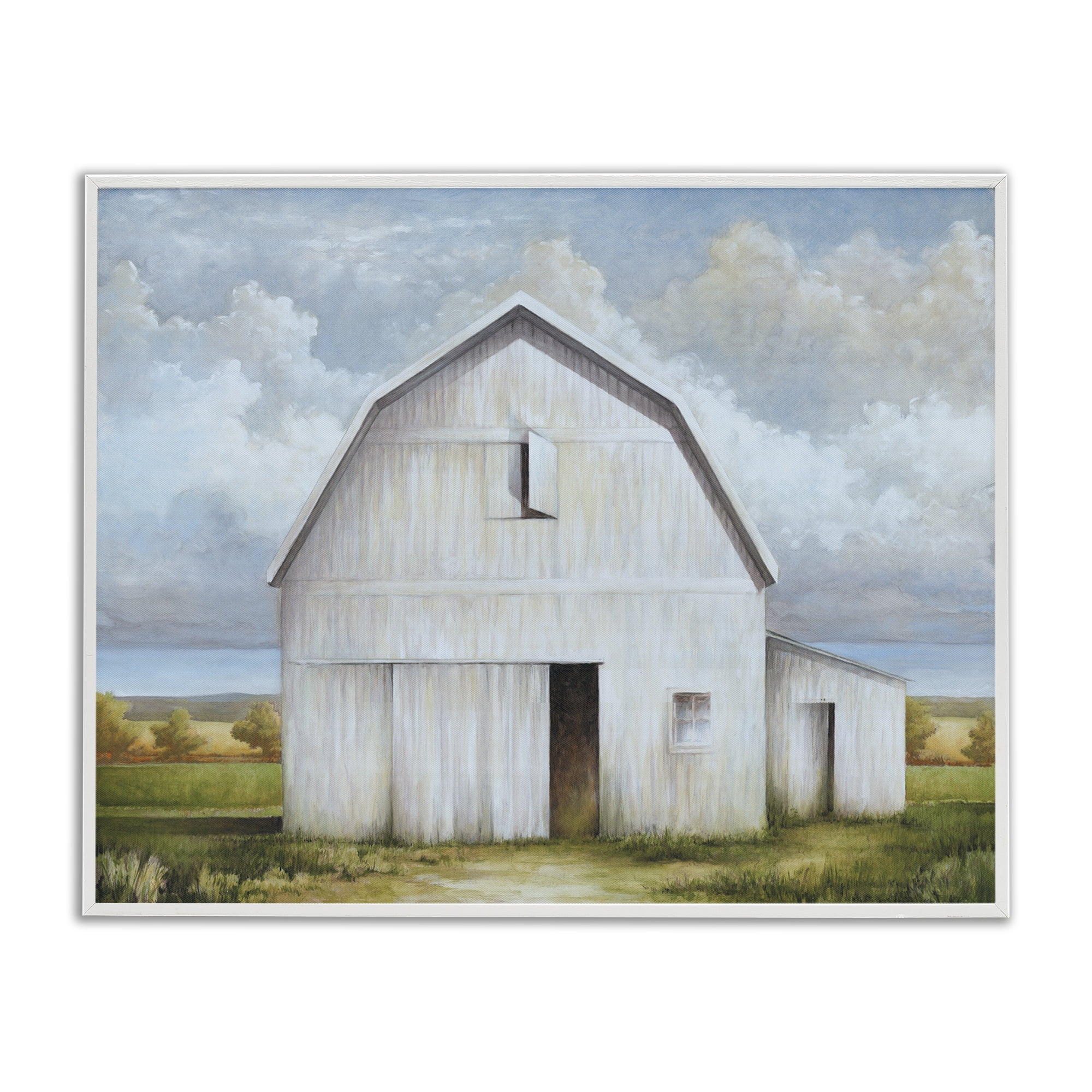 Stupell Industries White Barn with Clouds Landscape Painting White Framed Art Print Wall Art, 14 x 11