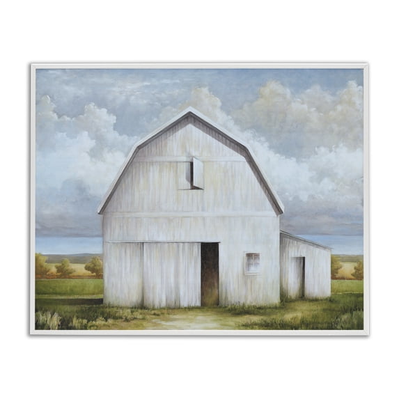 Stupell Industries White Barn with Clouds Landscape Painting White Framed Art Print Wall Art, 14 x 11