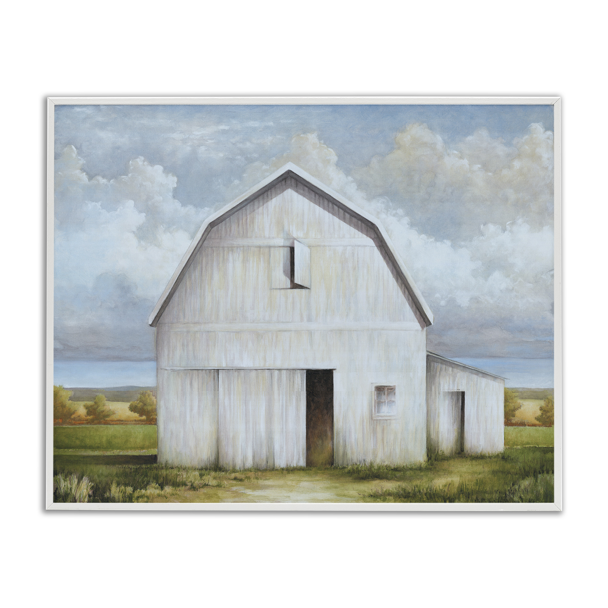 Stupell Industries White Barn with Clouds Landscape Painting White Framed Art Print Wall Art, 20 x 16