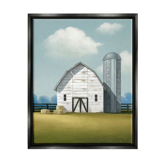 Stupell Industries White Barn with Hay Stacks Landscape Painting Black Floater Framed Canvas Art Print Wall Art, 17 x 21