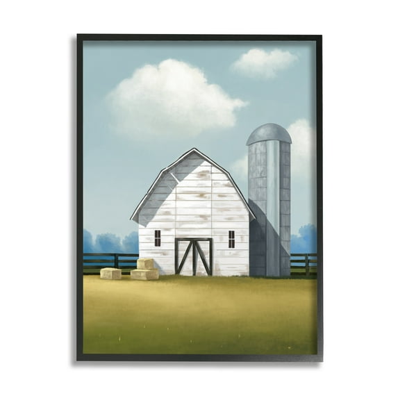 Stupell Industries White Barn with Hay Stacks Landscape Painting Black Framed Art Print Wall Art, 16 x 20
