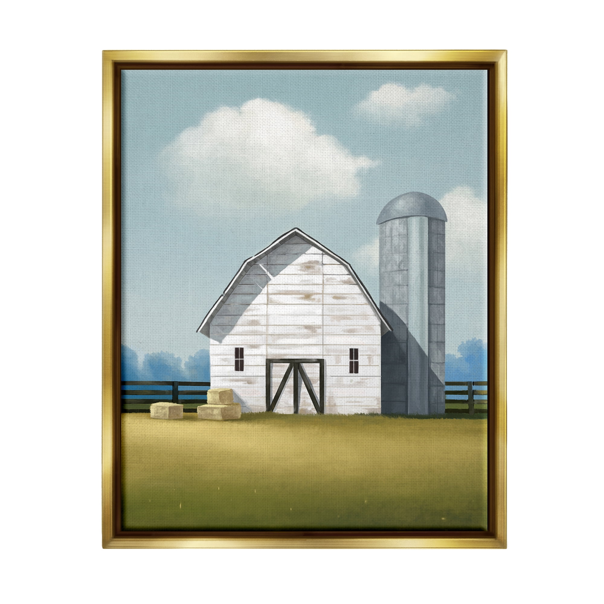 Stupell Industries White Barn with Hay Stacks Landscape Painting Gold Floater Framed Canvas Art Print Wall Art, 25 x 31