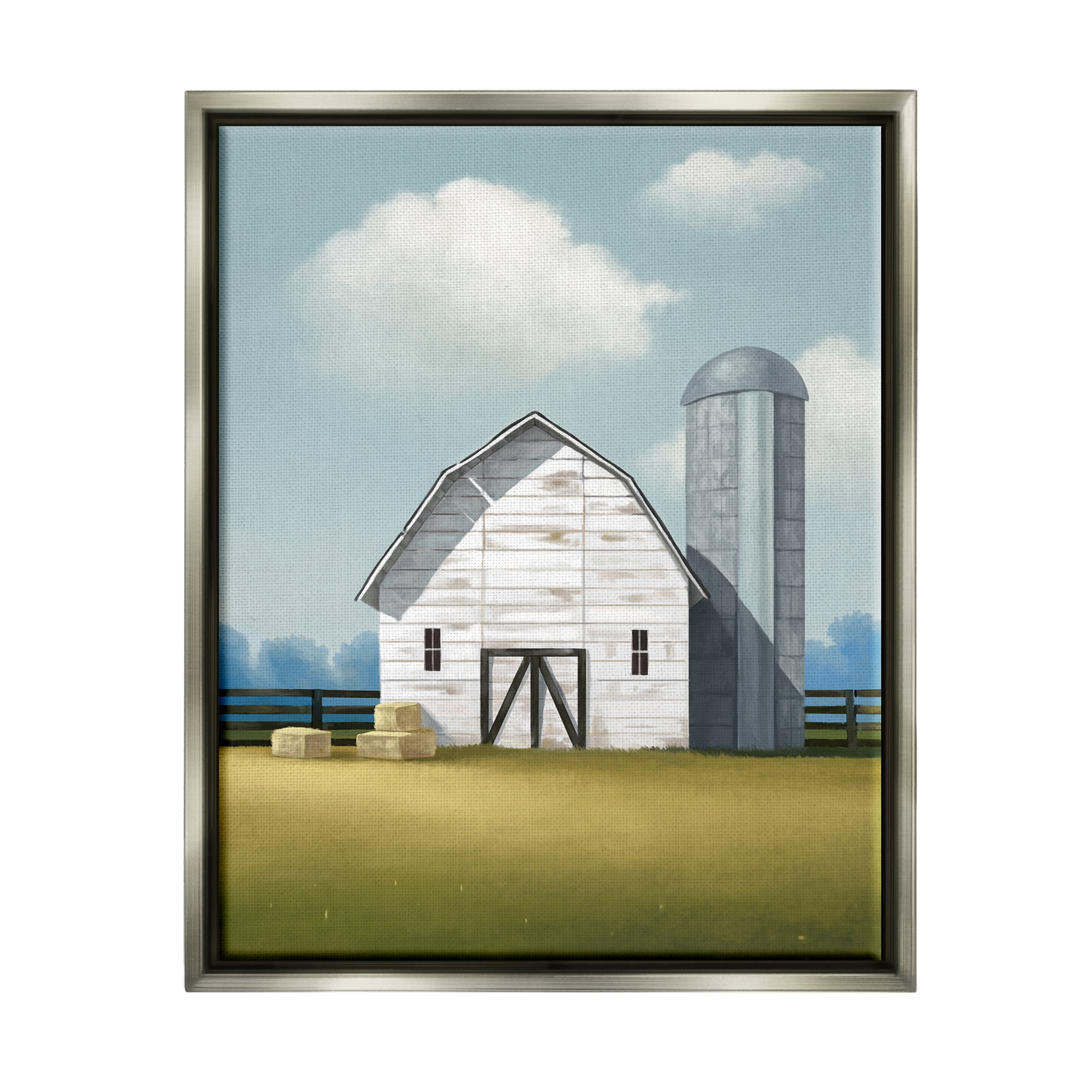 Stupell Industries White Barn with Hay Stacks Landscape Painting Gray Floater Framed Canvas Art Print Wall Art, 17 x 21