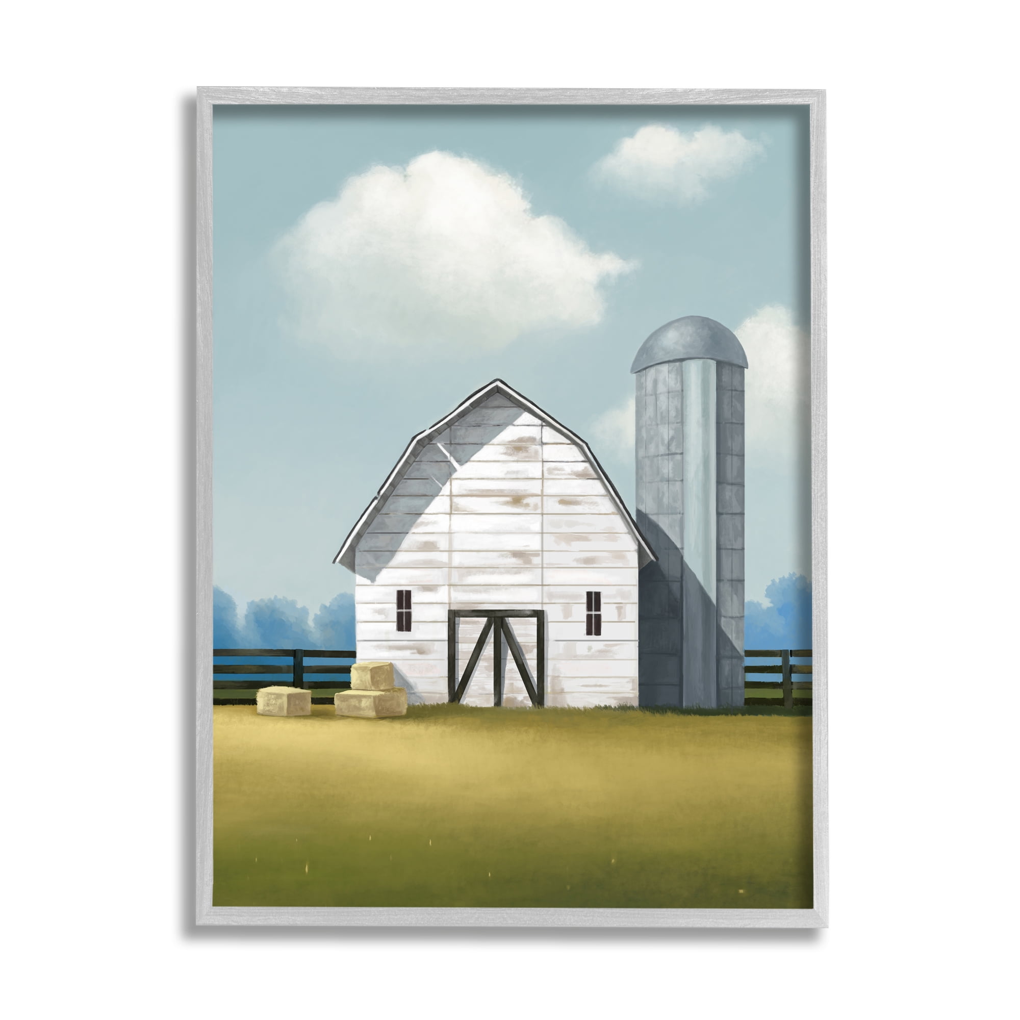 Stupell Industries White Barn with Hay Stacks Landscape Painting Gray Framed Art Print Wall Art, 11 x 14