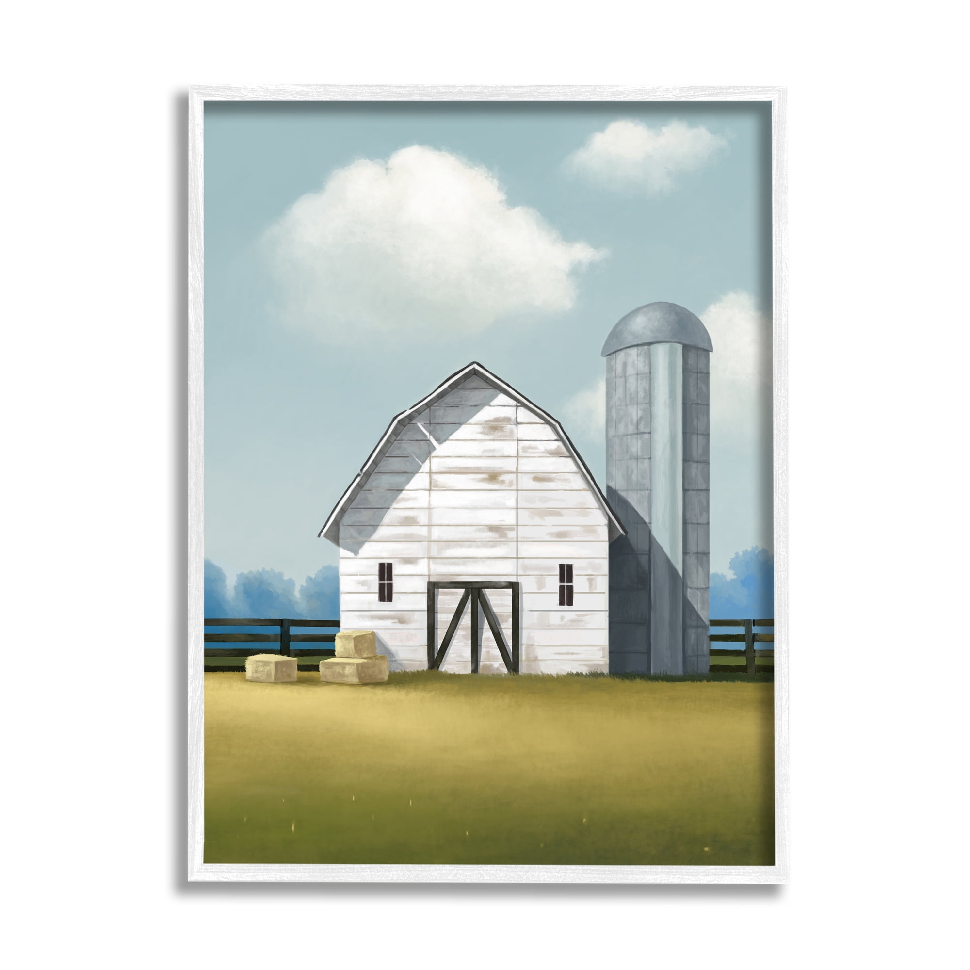 Stupell Industries White Barn with Hay Stacks Landscape Painting White Framed Art Print Wall Art, 24 x 30