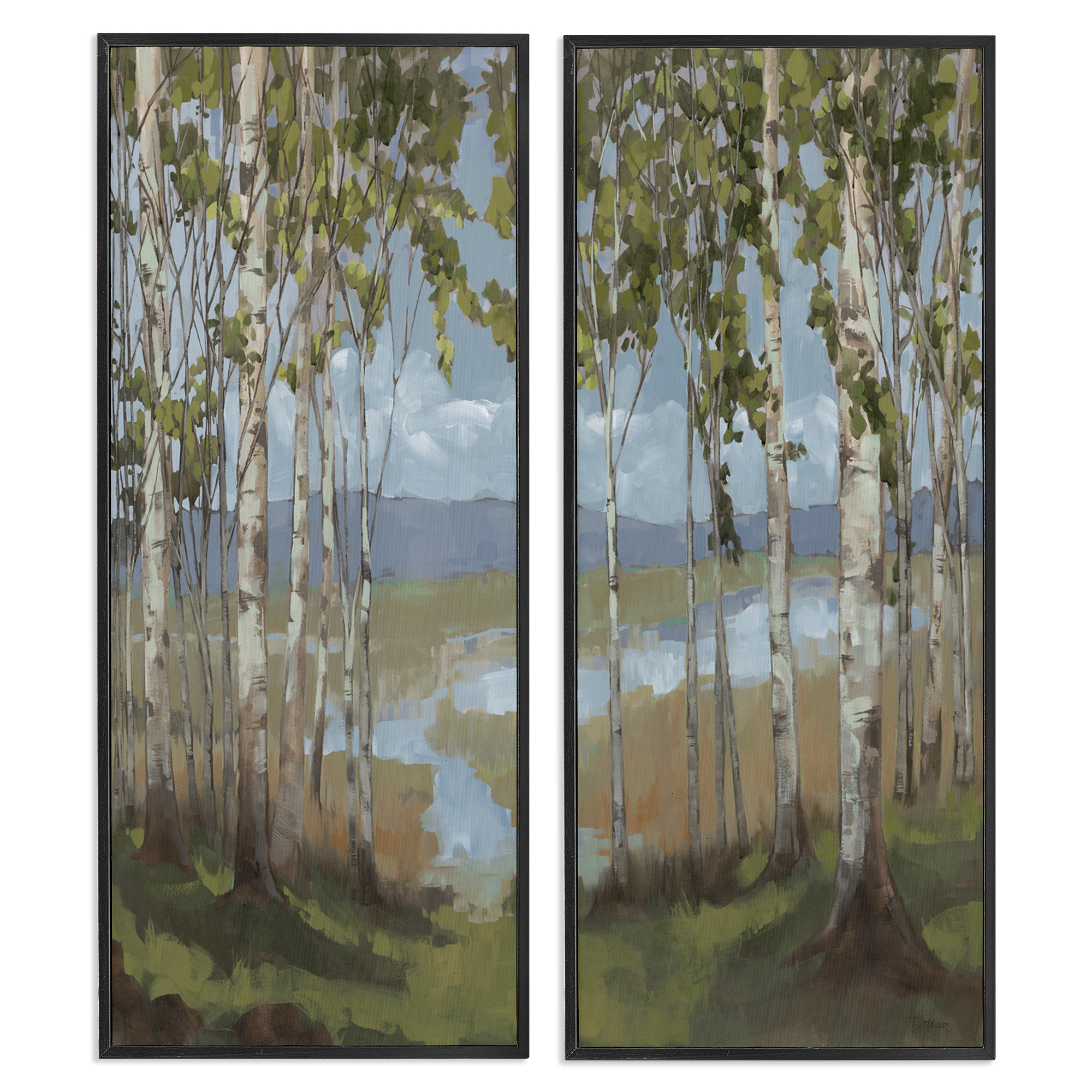 Stupell Industries White Birch Copse of Trees Landscape & Nature Painting Black Framed Art Print Wall Art, 10 x 24, Set of 2