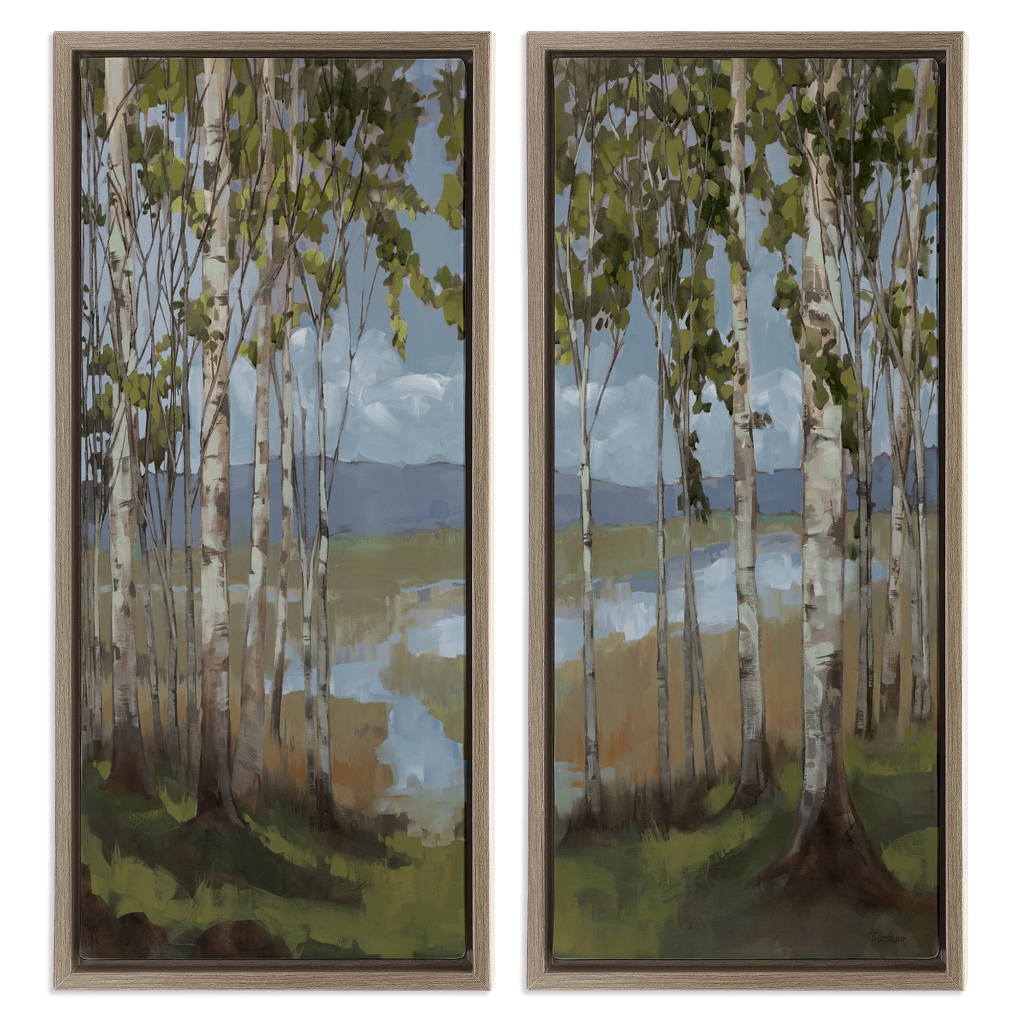 Stupell Industries White Birch Copse of Trees Landscape & Nature Painting Brown Floater Framed Canvas Art Print Wall Art, 14 x 31, Set of 2