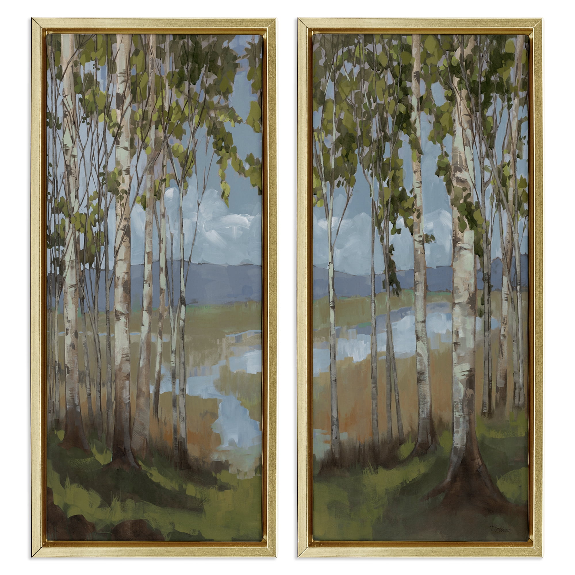 Stupell Industries White Birch Copse of Trees Landscape & Nature Painting Gold Floater Framed Canvas Art Print Wall Art, 11 x 25, Set of 2