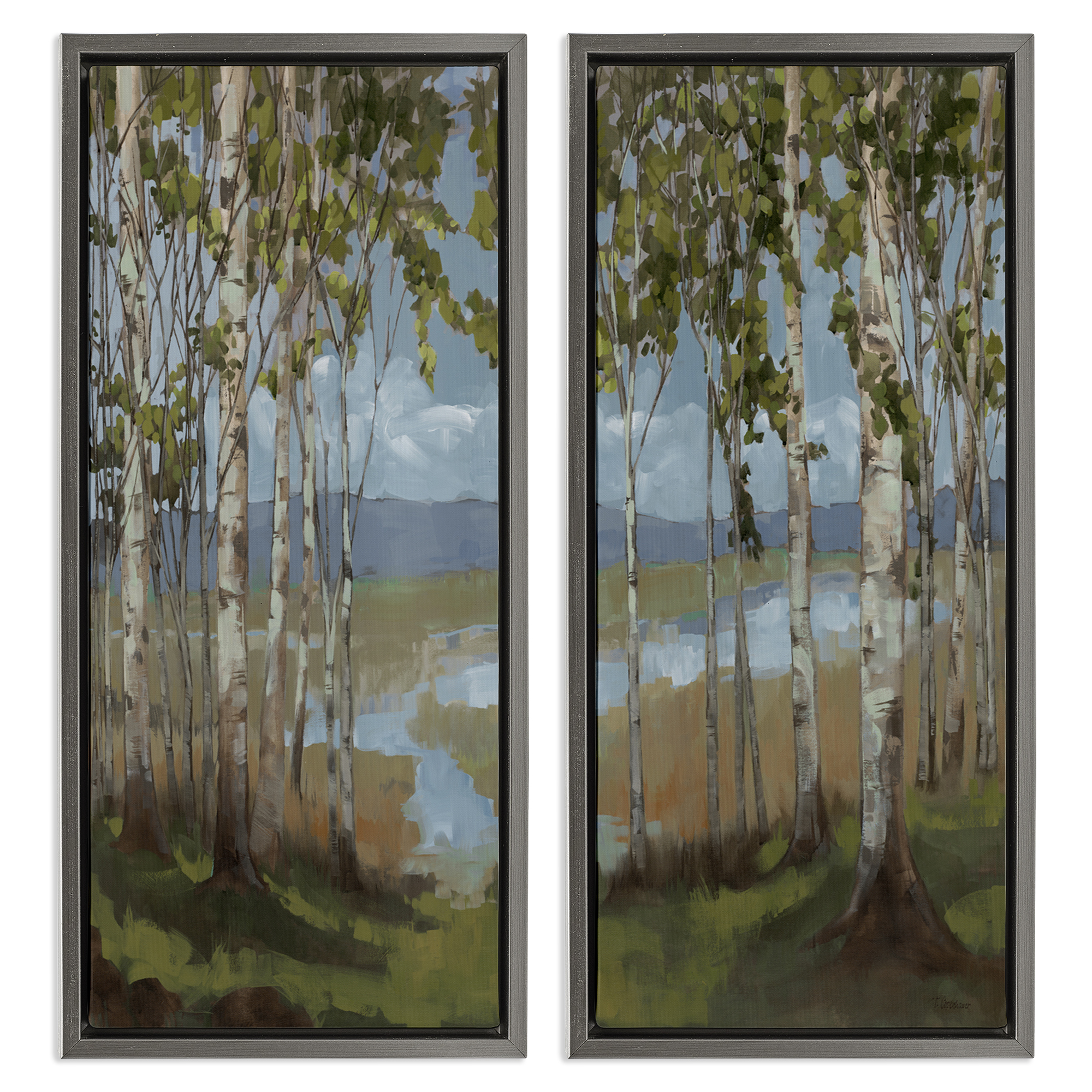 Stupell Industries White Birch Copse of Trees Landscape & Nature Painting Gray Floater Framed Canvas Art Print Wall Art, 14 x 31, Set of 2