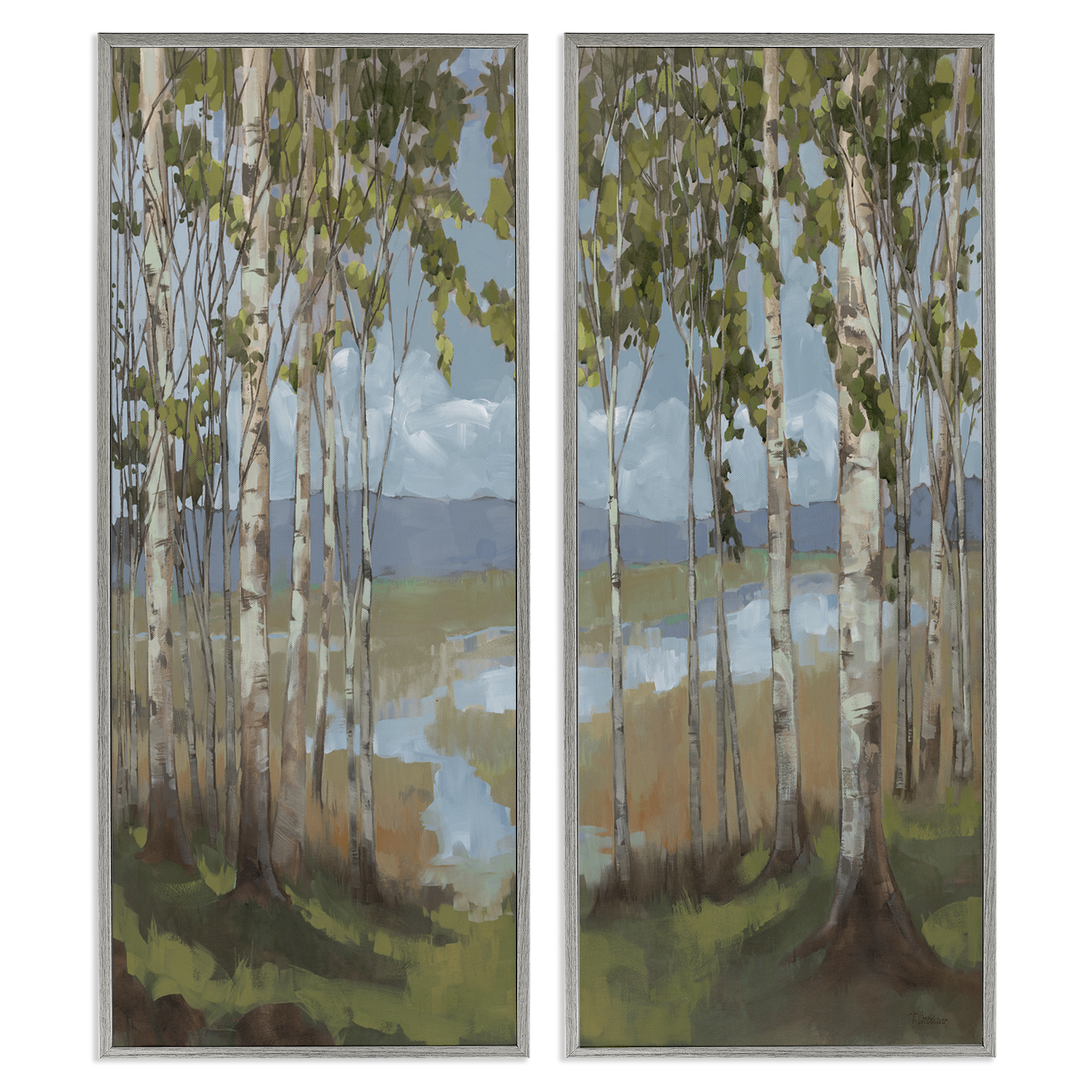 Stupell Industries White Birch Copse of Trees Landscape & Nature Painting Gray Framed Art Print Wall Art, 13 x 30, Set of 2