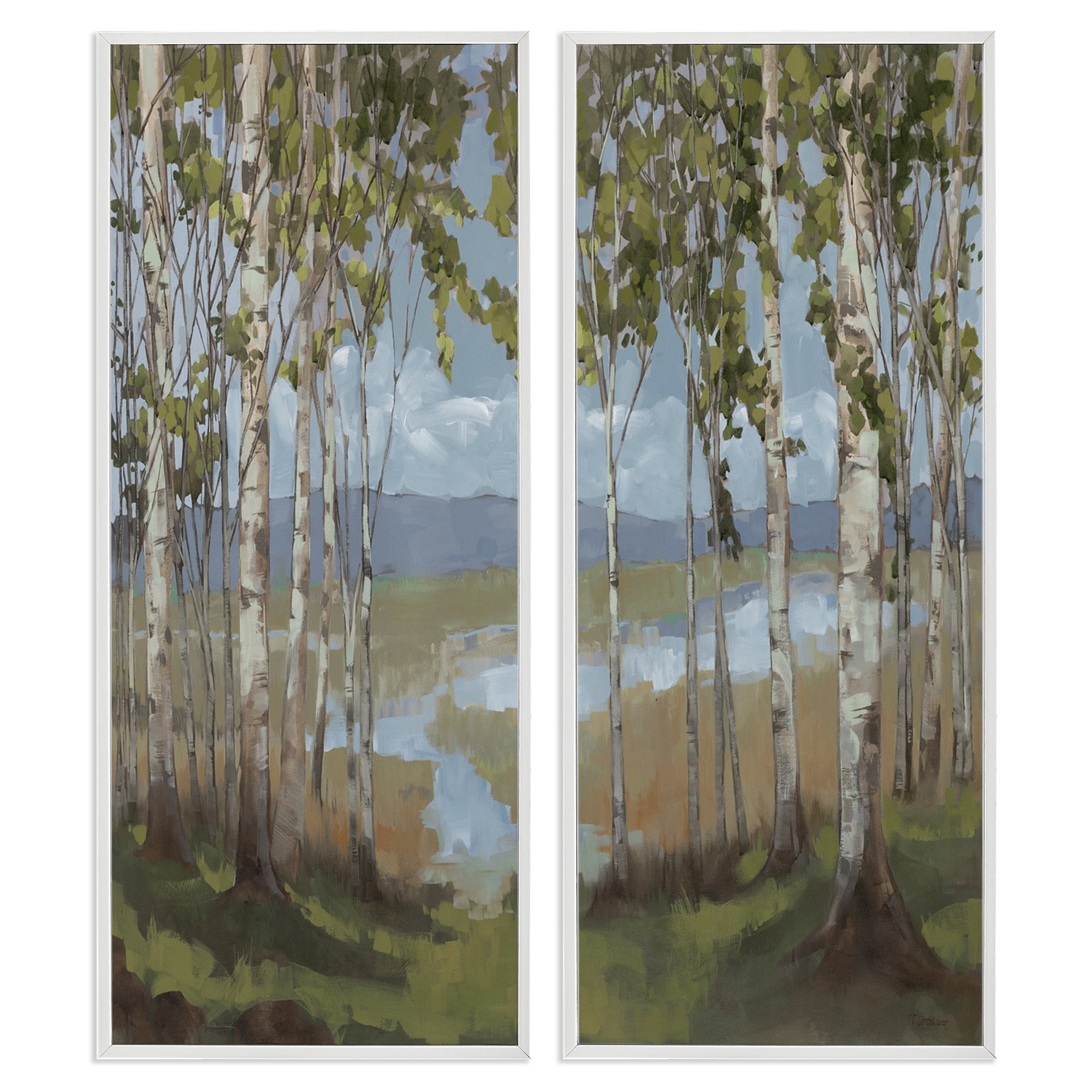 Stupell Industries White Birch Copse of Trees Landscape & Nature Painting White Framed Art Print Wall Art, 13 x 30, Set of 2